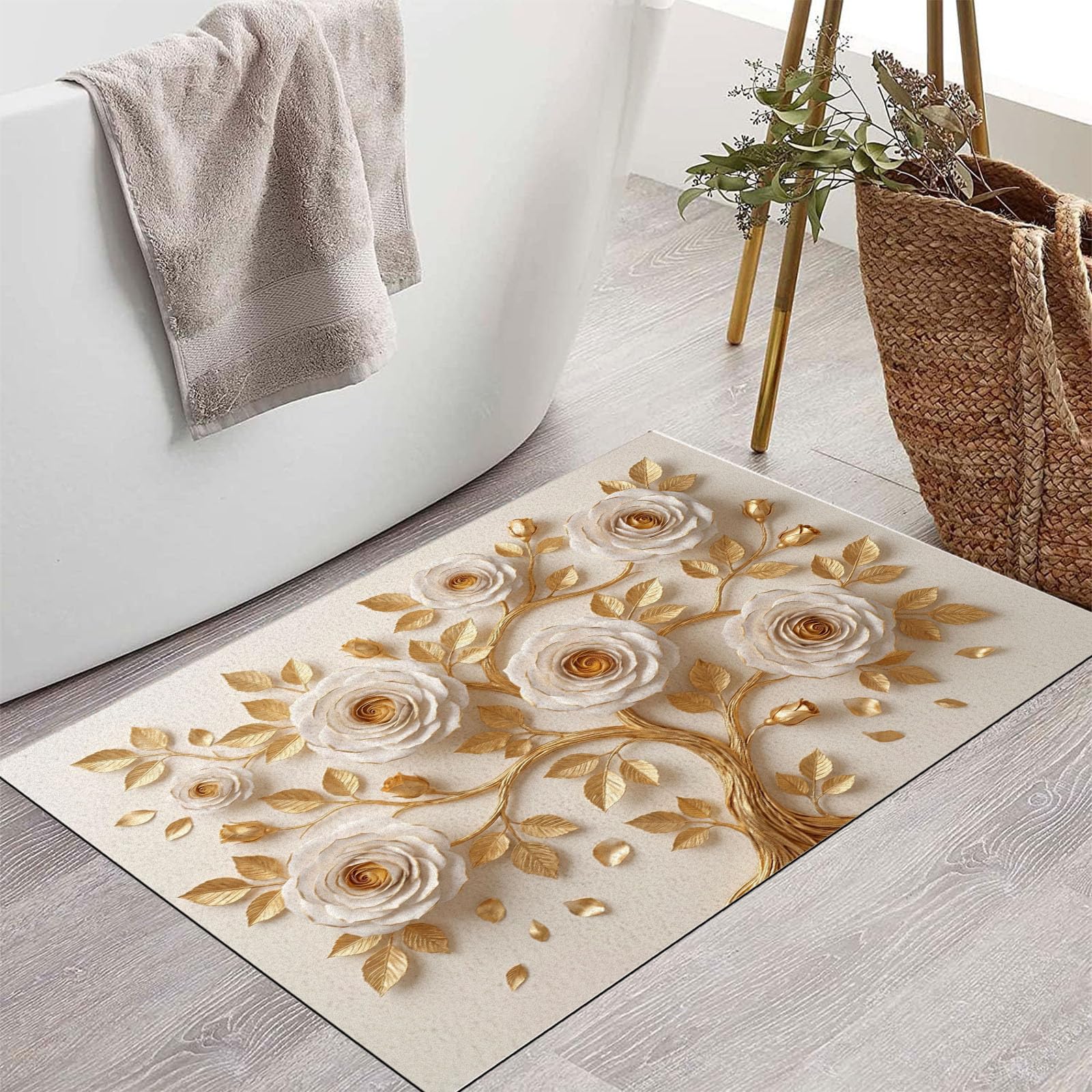 Zerbino Con Rilievo 3D Di Lusso Di Rami D'Albero Di Benvenuto, Tappeto Ingresso Antiscivolo Elegante Rosa Bianca Beige, Tappetino Lavabile Decorazione Per La Casa Per Portico Esterno, 60X90Cm