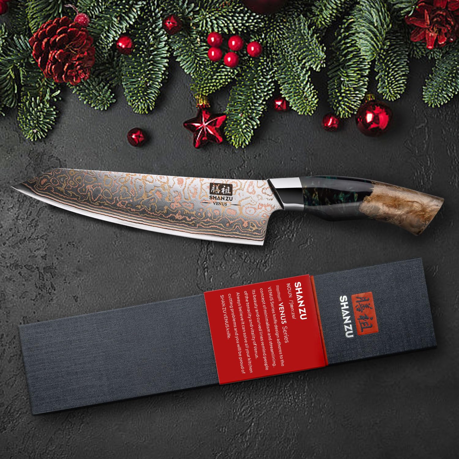 SHAN ZU Coltelli da Cucina 8 Pollic Acciaio Damasco & Rame ad Alto Giapponese Coltello Tenore di Carbonio 33 Strati Professionali Coltello da Chef Forgiato a Mano Coltello Multiuso con Manico in Acero