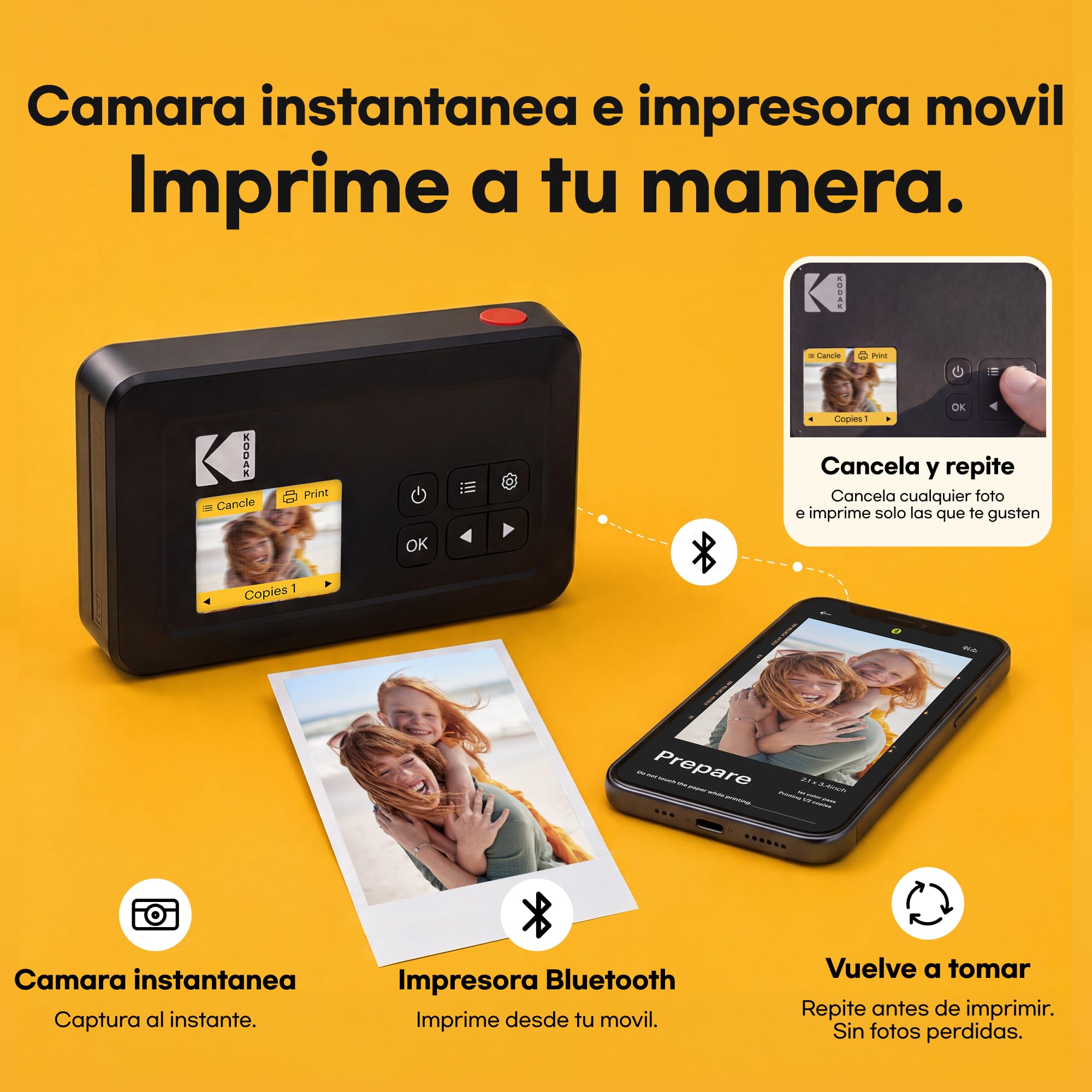 KODAK Mini Shot 2 Retro 4PASS 2-in-1 Cámara instantánea e Impresora fotográfica (5,3 x 8,6 cm) + 8 Hojas, Blanco