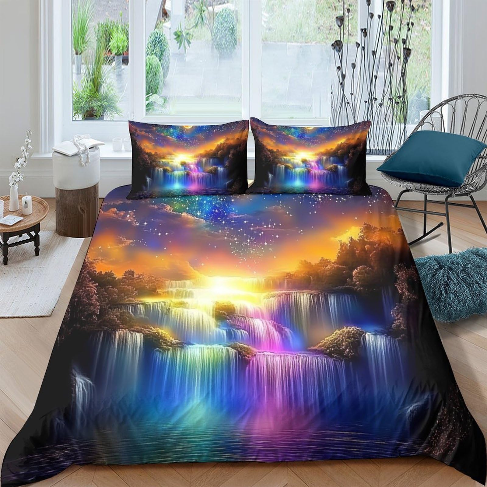 Ctjqhvkz Style-9 3D Printed Sunset Waterfall Fitted Sheet Microfiber Soft Bedding Rainbow Sky Mattress Cover For Bedroom Home Decor Single（135X200cm）
