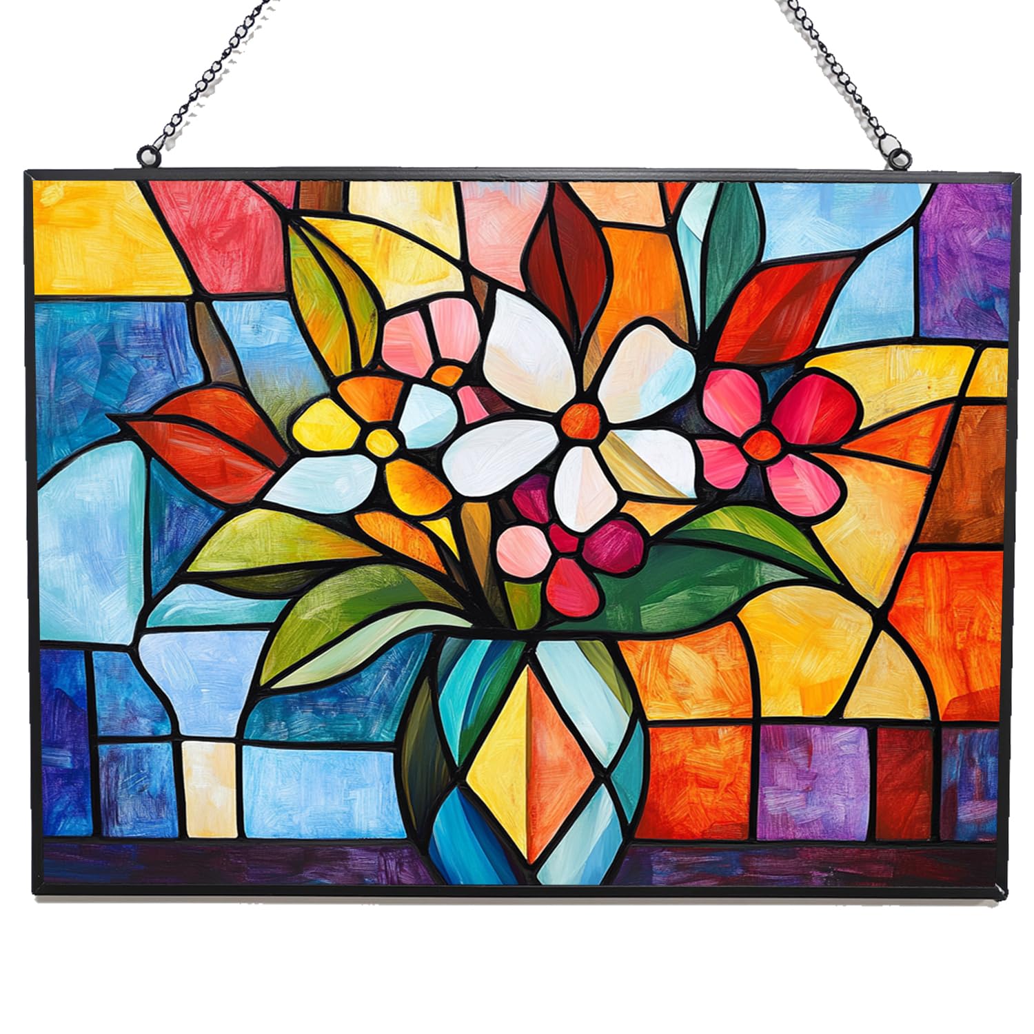 365CUSGIFTS Rectangle Abstract Vase Stained Glass Suncatcher 4 Season Colorful Window Wall Ornament Hand-Painted Glass Panel Decor Gift for Women Christmas Thanksgiving Gift 15