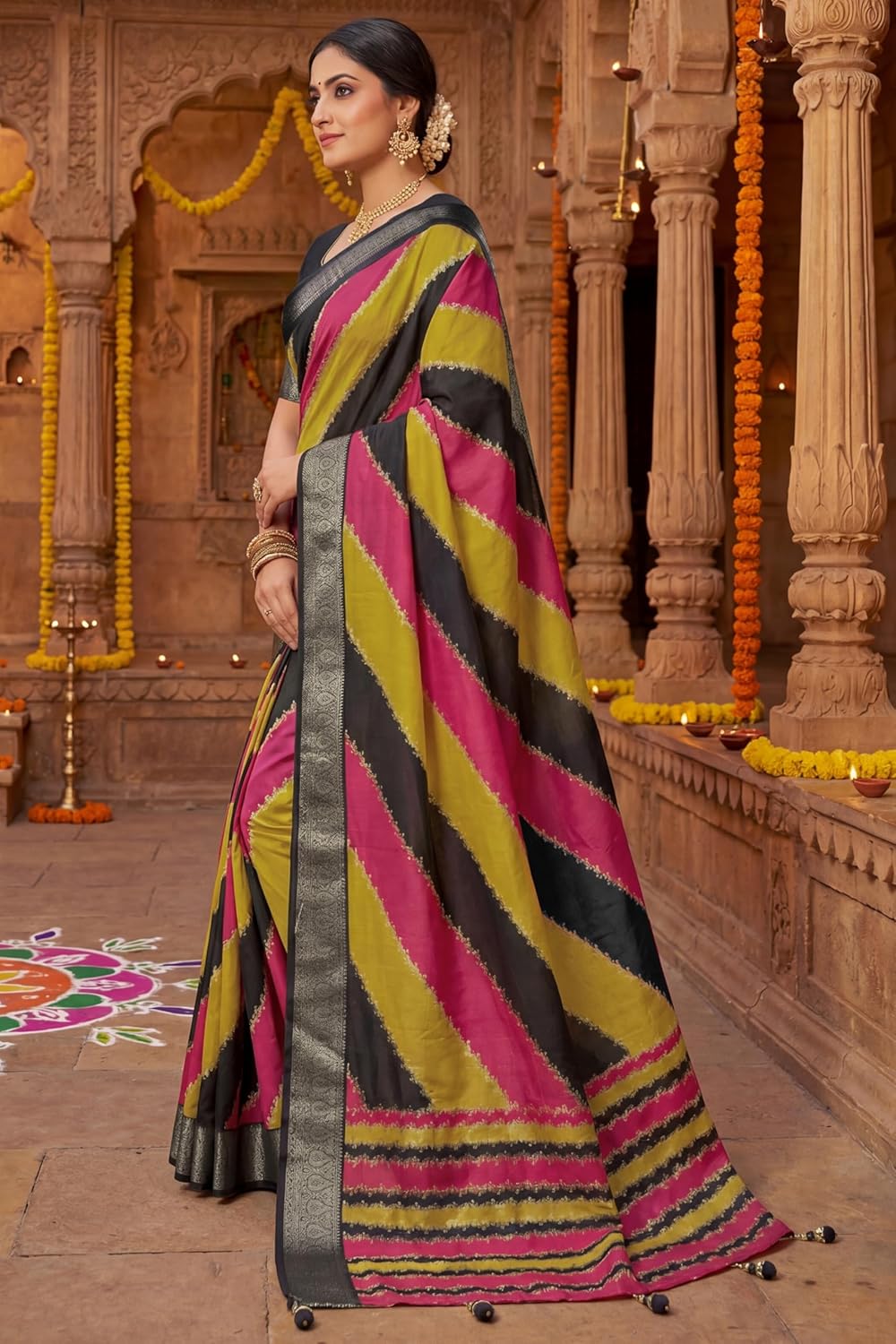 MIRCHI FASHION Women's Silk Blend Striped Printed Saree with Blouse Piece (50639 - Black, Crimson Pink,Mustard) - Image 2