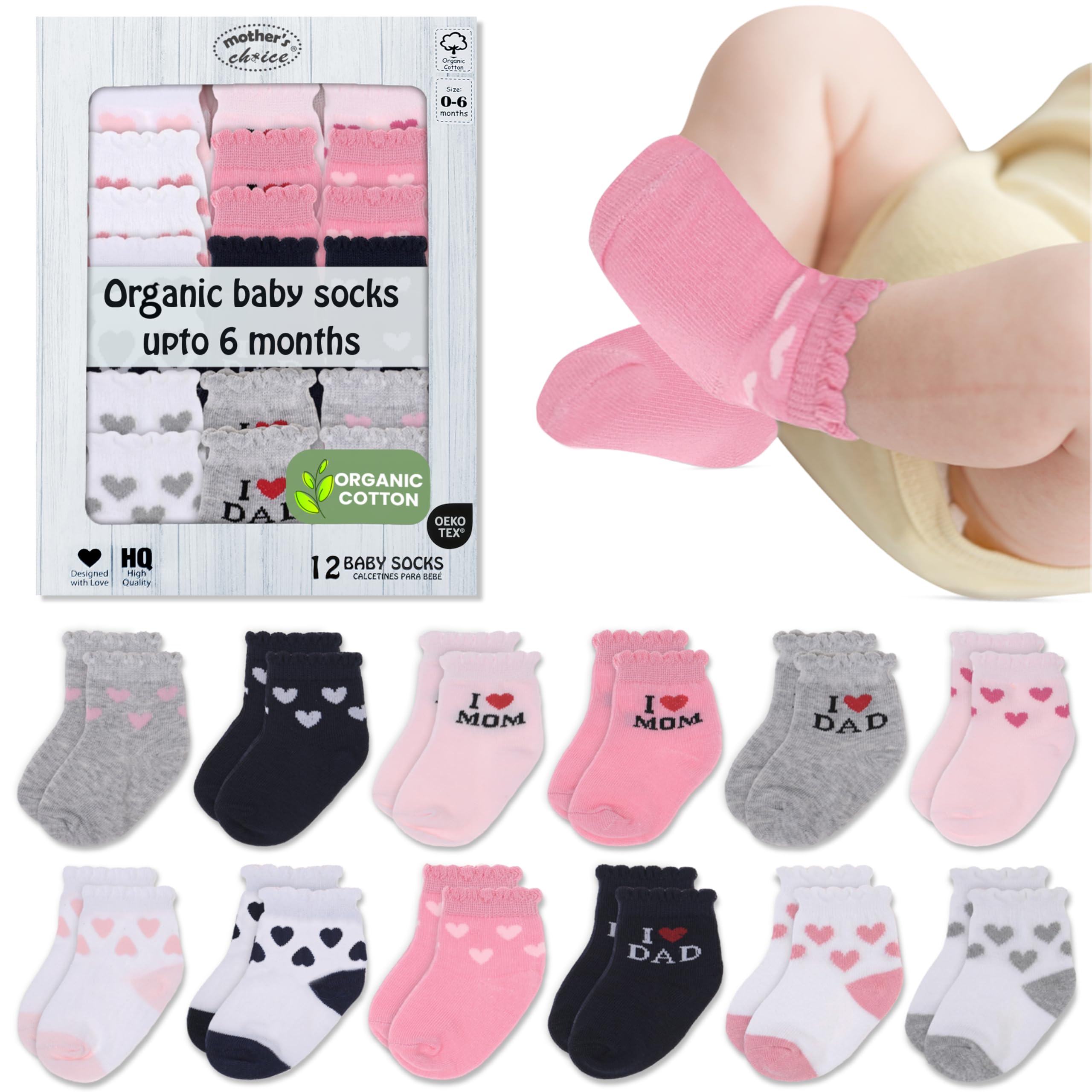 Mother's Choice Organic Cotton Baby Socks 0-6 Months - 12 pairs Soft Infant Socks, Gentle Ankle High Sock for Girls, Cozy Newborn Pink Socks and New