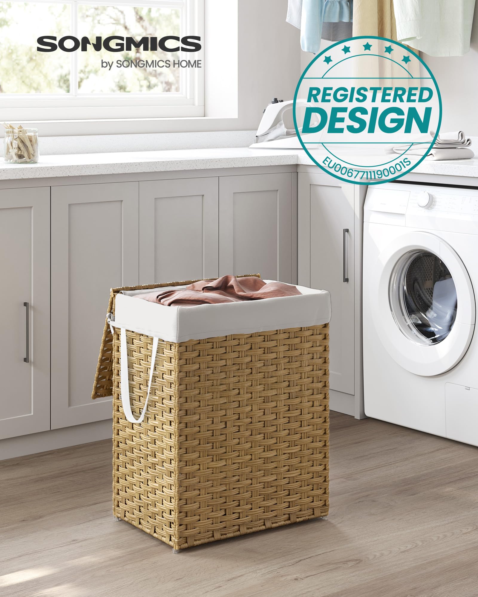 SONGMICS Panier de Rangement, Corbeille Linge Sale 90L avec Couvercle, Pliable, Sac en Tissu Amovibles et Poignées, pour Couvertures, Vêtements, Salon, Chambre, Buanderie, Couleur Boisée LCB51NL