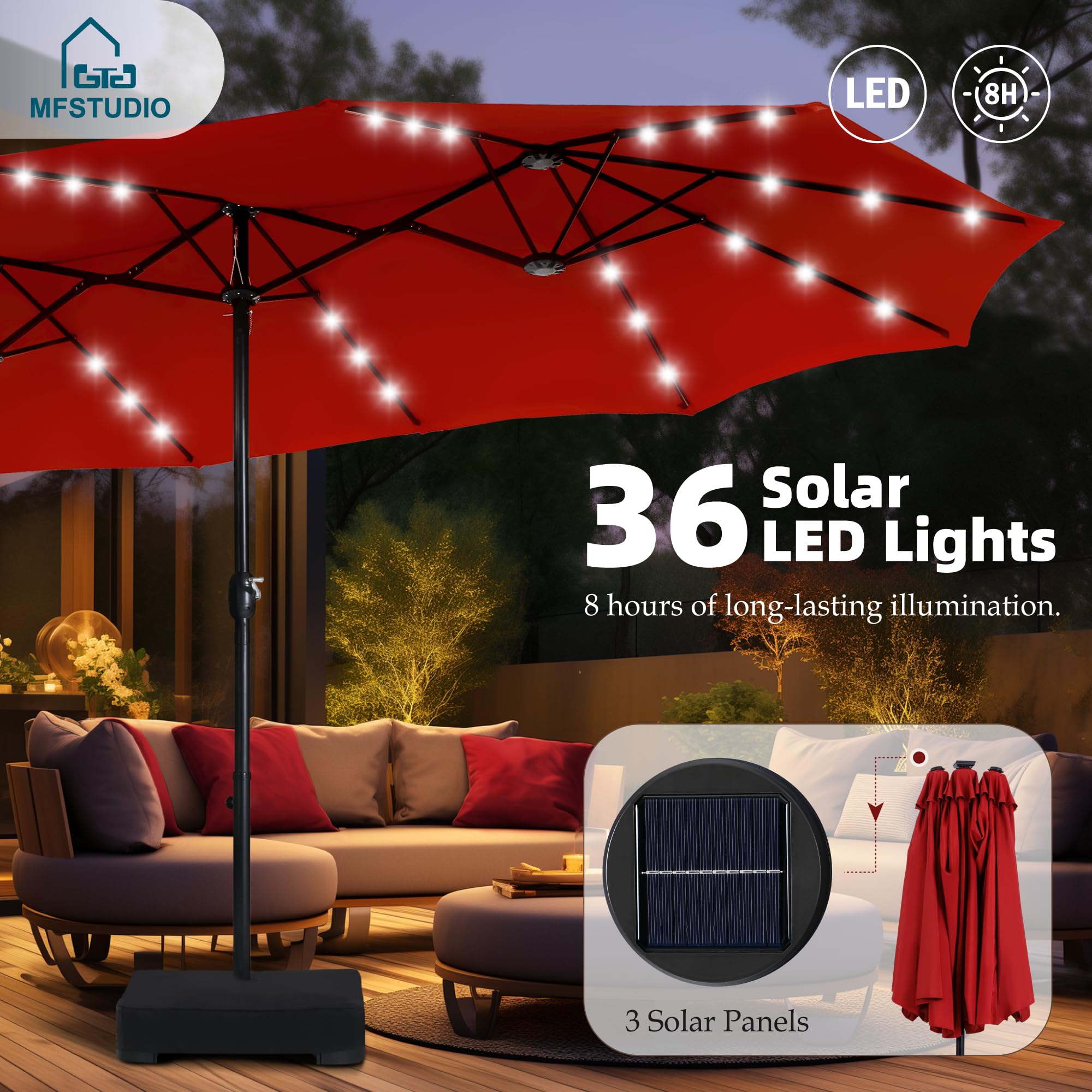 MFSTUDIO 15ft Double Sided Patio Umbrella with Solar Lights, Outdoor Large Rectangular Market Umbrellas with Base Included, Crank Handle and 36 LED Lights for Deck Pool Shade, Dark Red