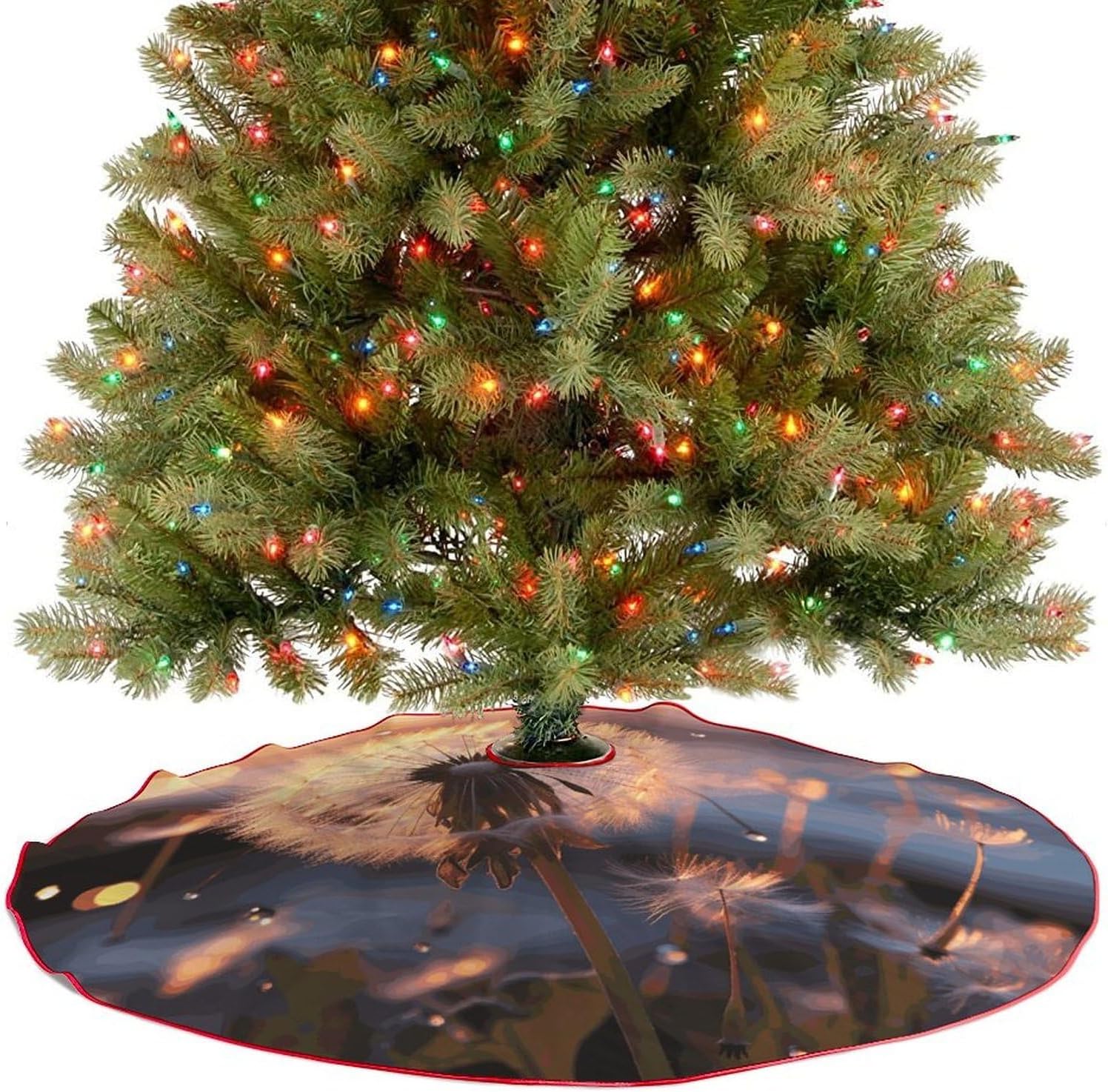 Christmas Tree Skirt,for Xmas Tree Holiday Party Decorations Dandelion Flower Printed Christmas Tree Mat Red Lace-up Christmas Tree Dress