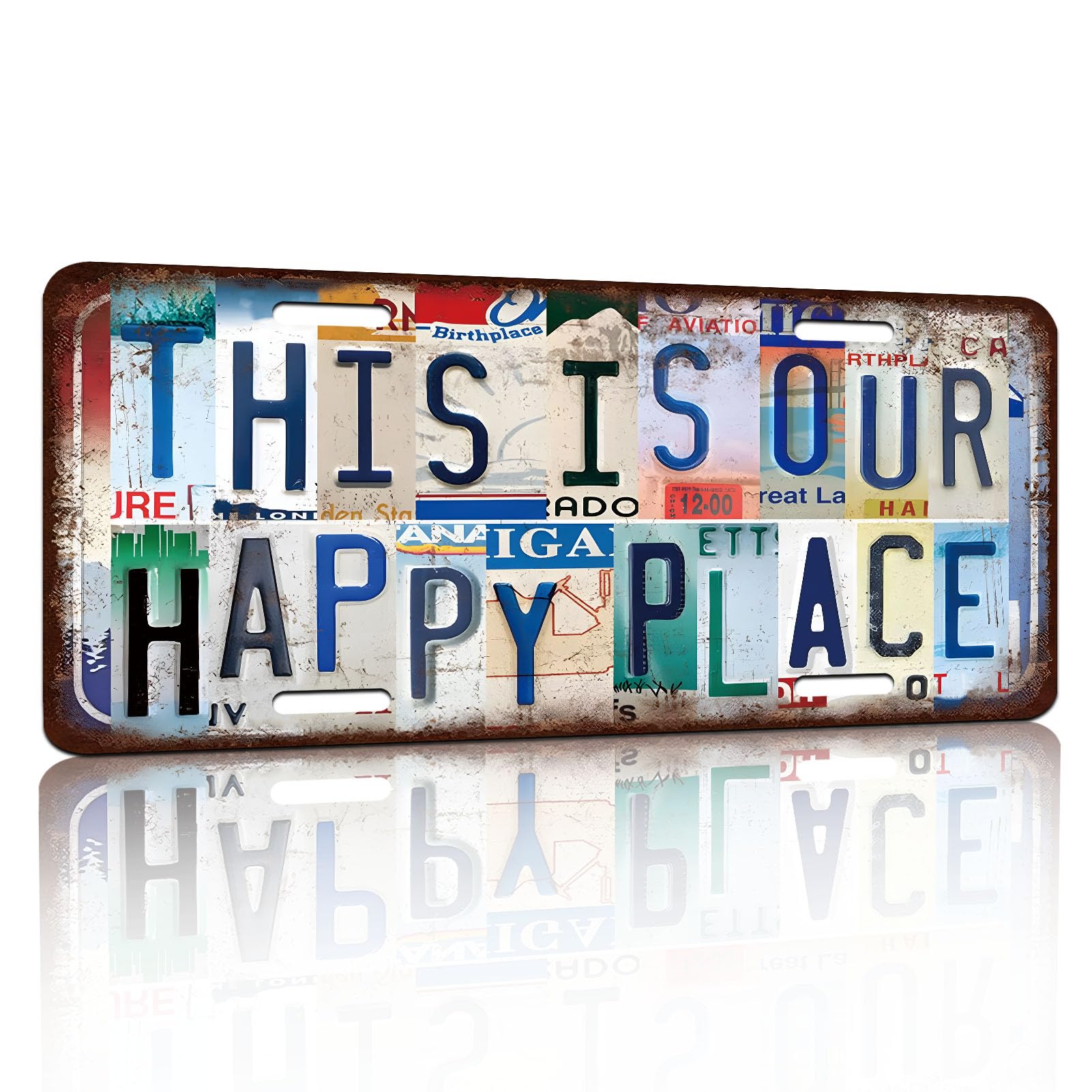 Vintage License Plate Wall Decor This Is Our Happy Place Metal Tin Sign for Home Office Garage Bar Restaurant Living Room Garden Yard 12 x 6 Inches (25100)