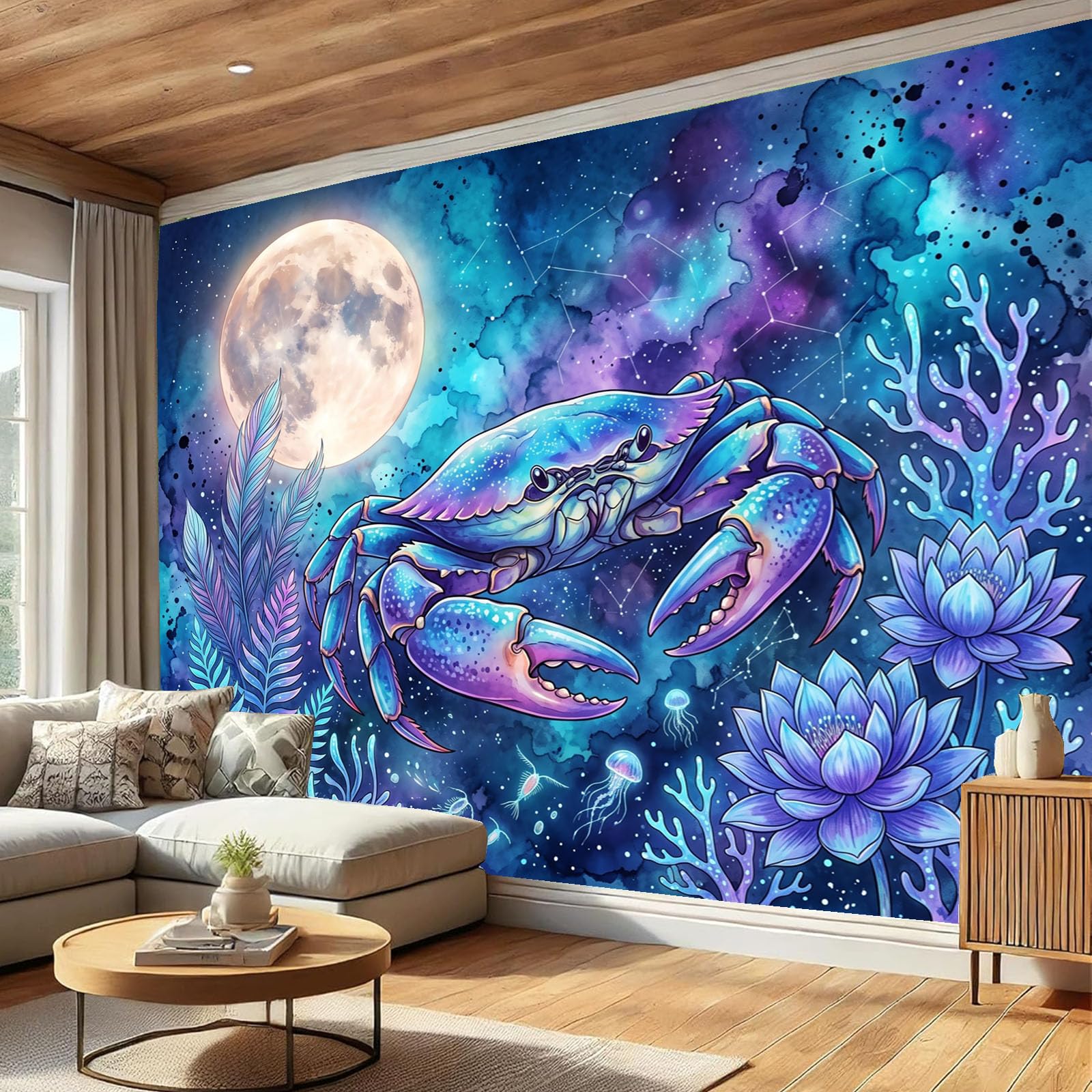Carta da Parati Panoramica Stile Oceano Fantasy 450x315cm | Medusa luna granchio Foto Wallpaper Poster Gigante Design Blu-viola Murale Decor della Parete