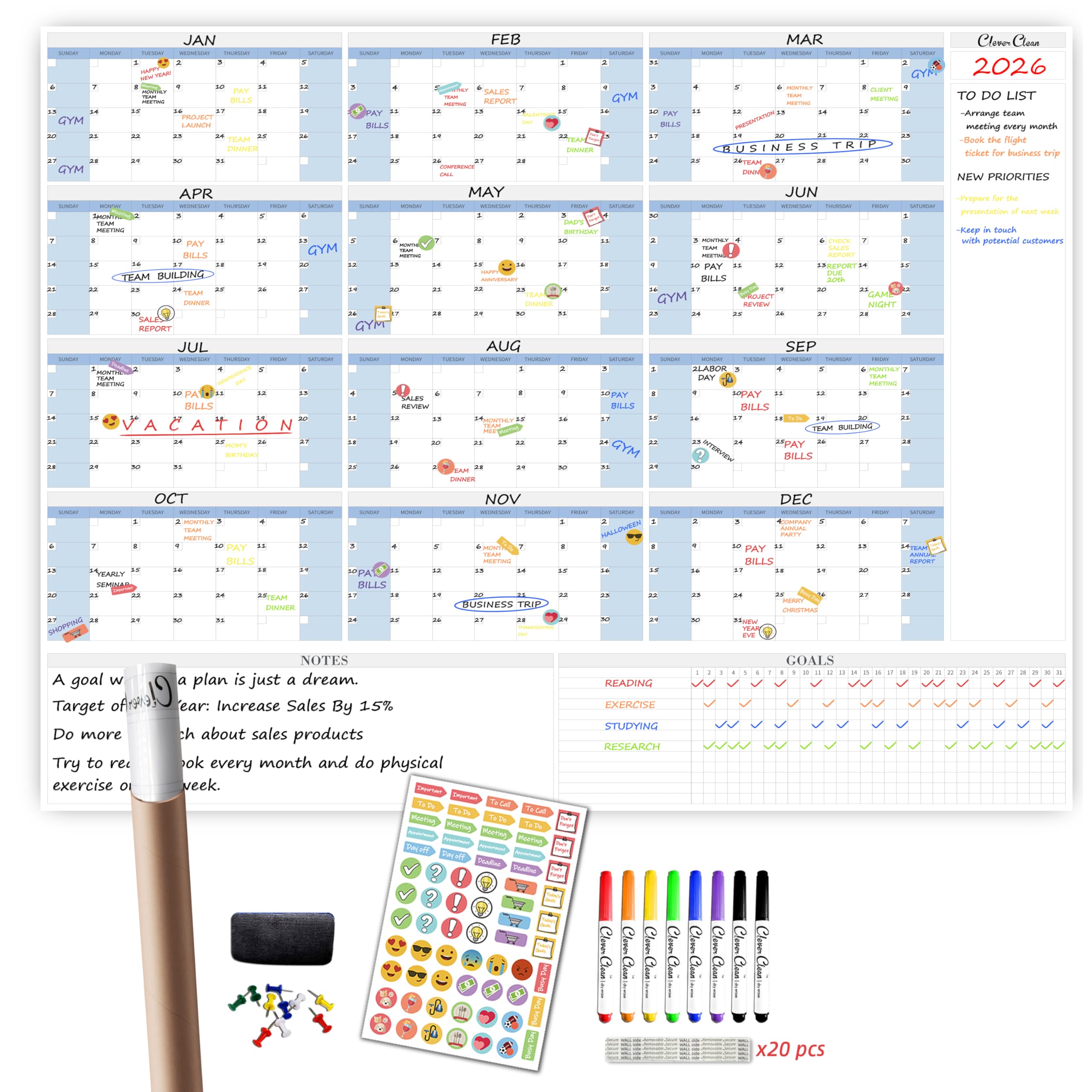 CLEVER CLEAN Großer, trocken abwischbarer Wandkalender – 121,9 x 147,3 cm, 12 Monate 2025, undatiert, Jahreskalender für Zuhause, Büro, Schule, Projekte, Jumbo, laminierter Aufgaben-Organizer