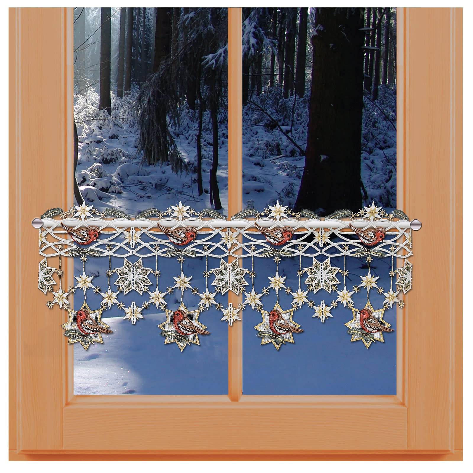 Feenhaus-Spitzenkante Rotkehlchen mit Schneesternen Vogtländischer Spitze Scheibengardine Winterdeko 25 x 64 cm