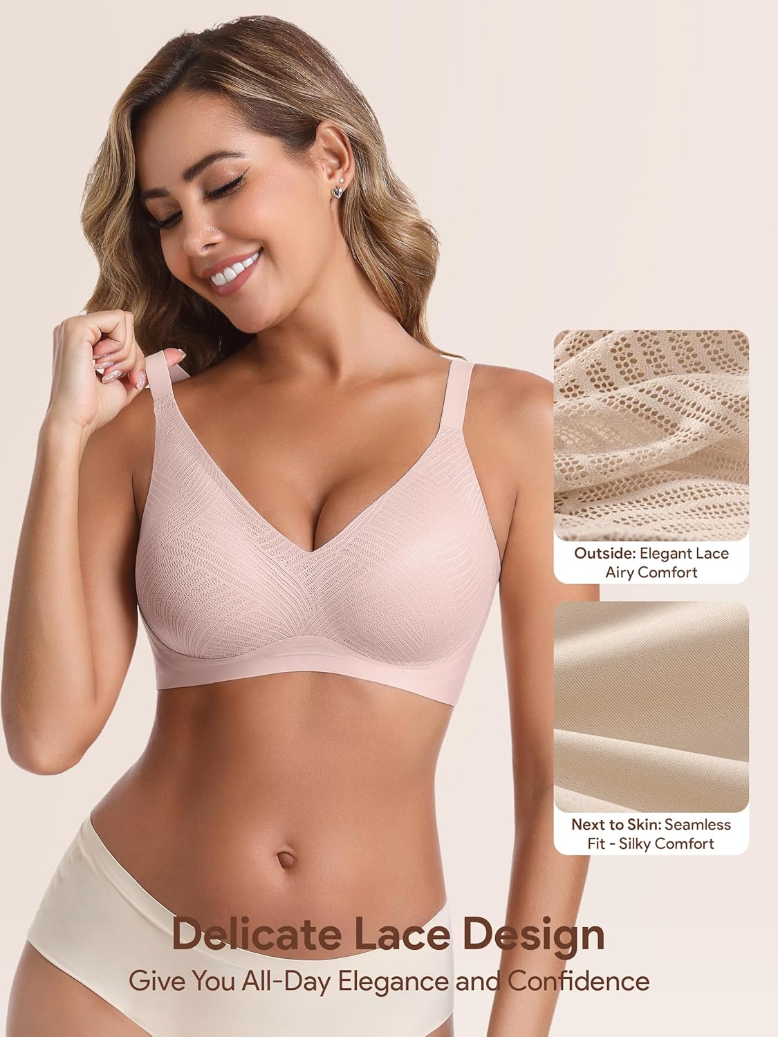 Angelhood Bras for Women Lace V Neck Seamless Wireless No Underwire Supportive Pushup Bralette Comfortable T Shirt Bra - Image 4