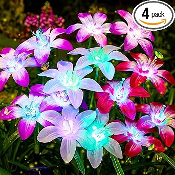 Solar Garden Lights Outdoor, 4 Pack Blooming Lily Solar Flowers Outdoor Waterproof, 7 Color Changing Bigger Flower Lights for Yard Patio Decor, Gift for Mom