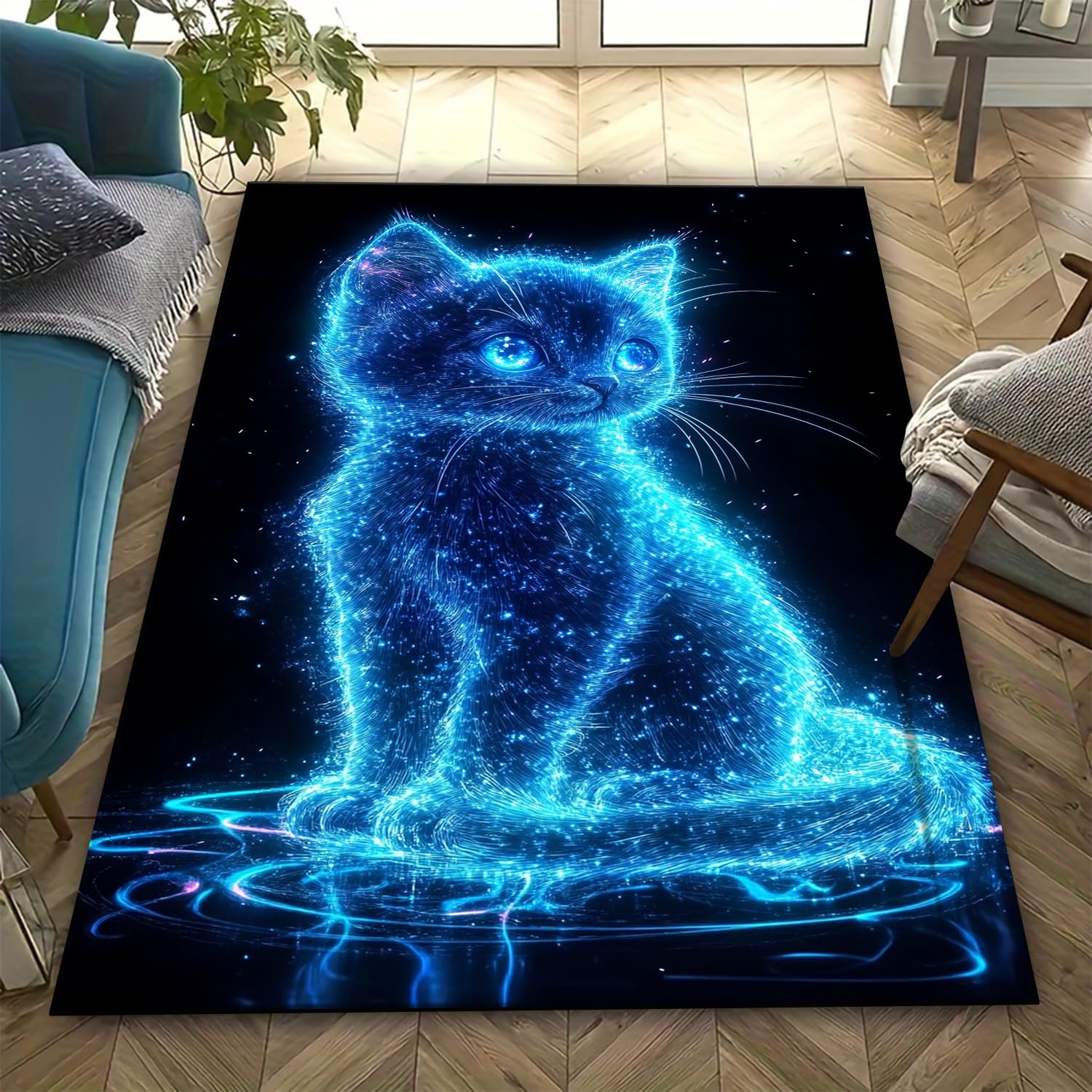 Tapis facile à nettoyer chat 3D antidérapant poils ras pour salon et chambre