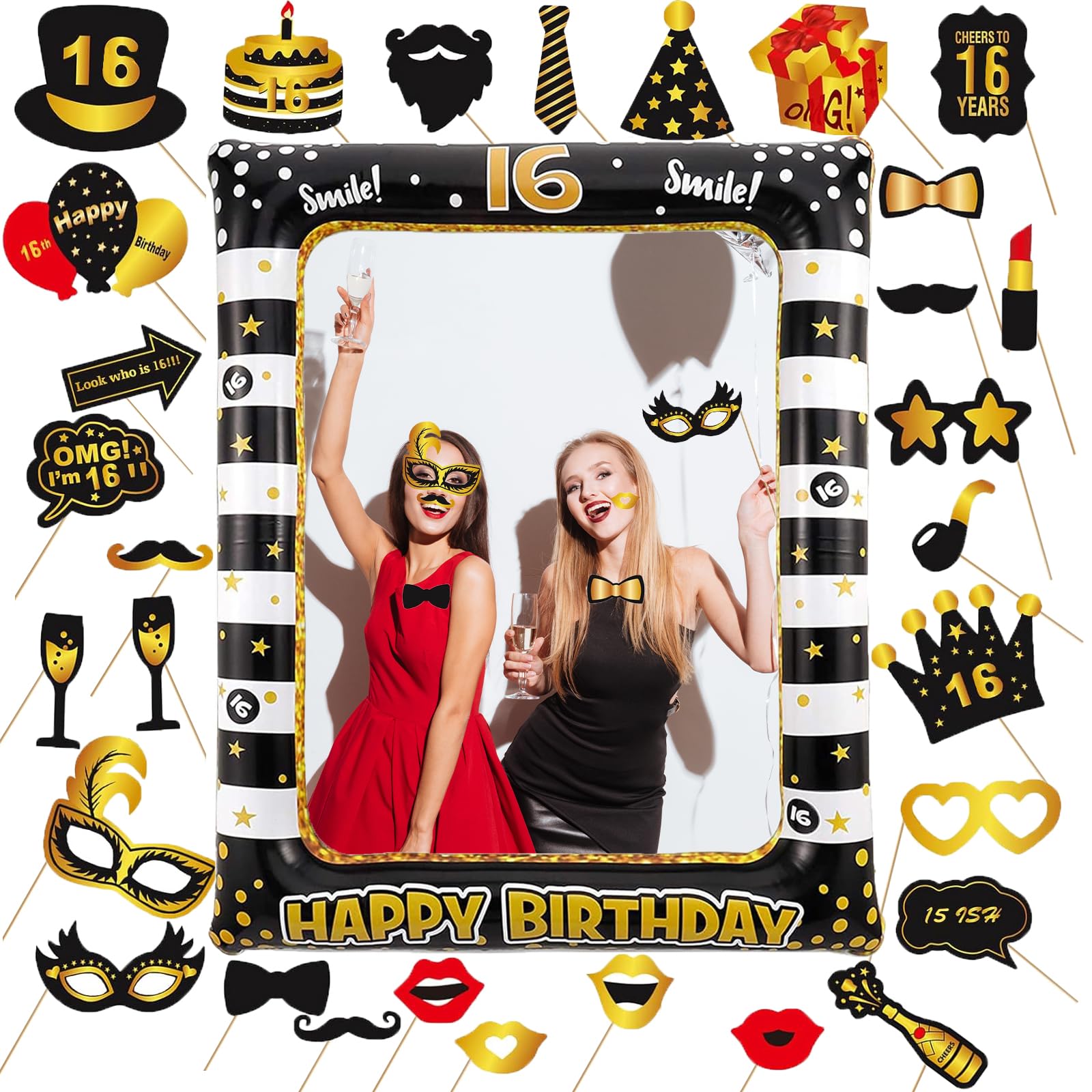 Acquwistach Black Gold 16Th Birthday Inflatable Frame, 31Pcs Photo Inflatable Booth Props, Gold Black Frame Decorations, Selfie Frame, For Her Him Birthday, Family Fun Holiday Party Supplies
