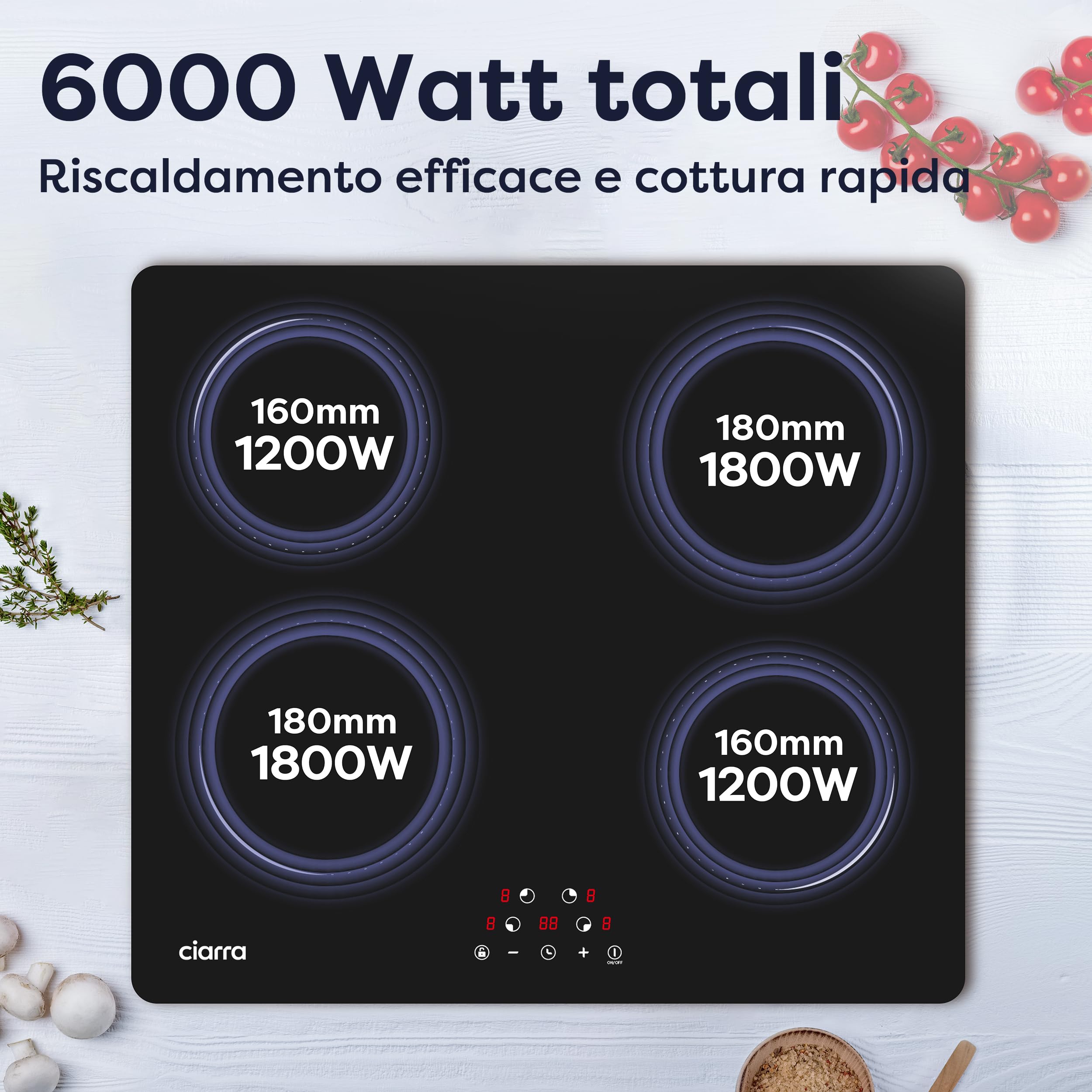 CIARRA Piano Cottura in Vetroceramica, 4 Fuochi Piano Induzione, Comandi Touch con 9 Livelli di Potenza, Timer, 59cm, CABBIH4-C