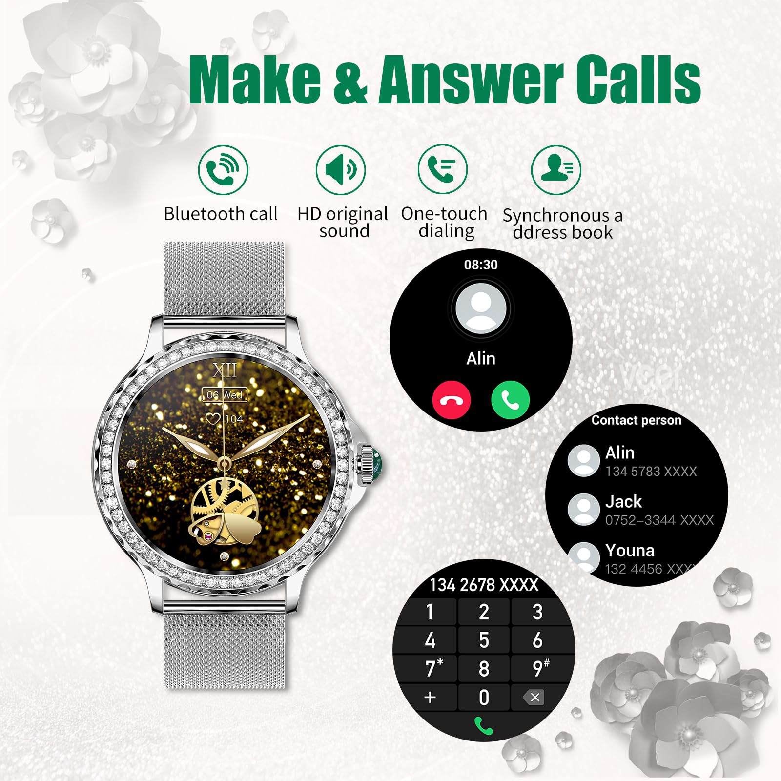 SoPrii Smartwatch Donna Chiamata Bluetooth e Risposta Vivavoce, Smart Watch da 1,3'' con 2 Cinturini, Orologio Fitness IP68 con Cardiofrequenzimetro, SpO2,Notifiche Messaggi per iOS Android (argento)