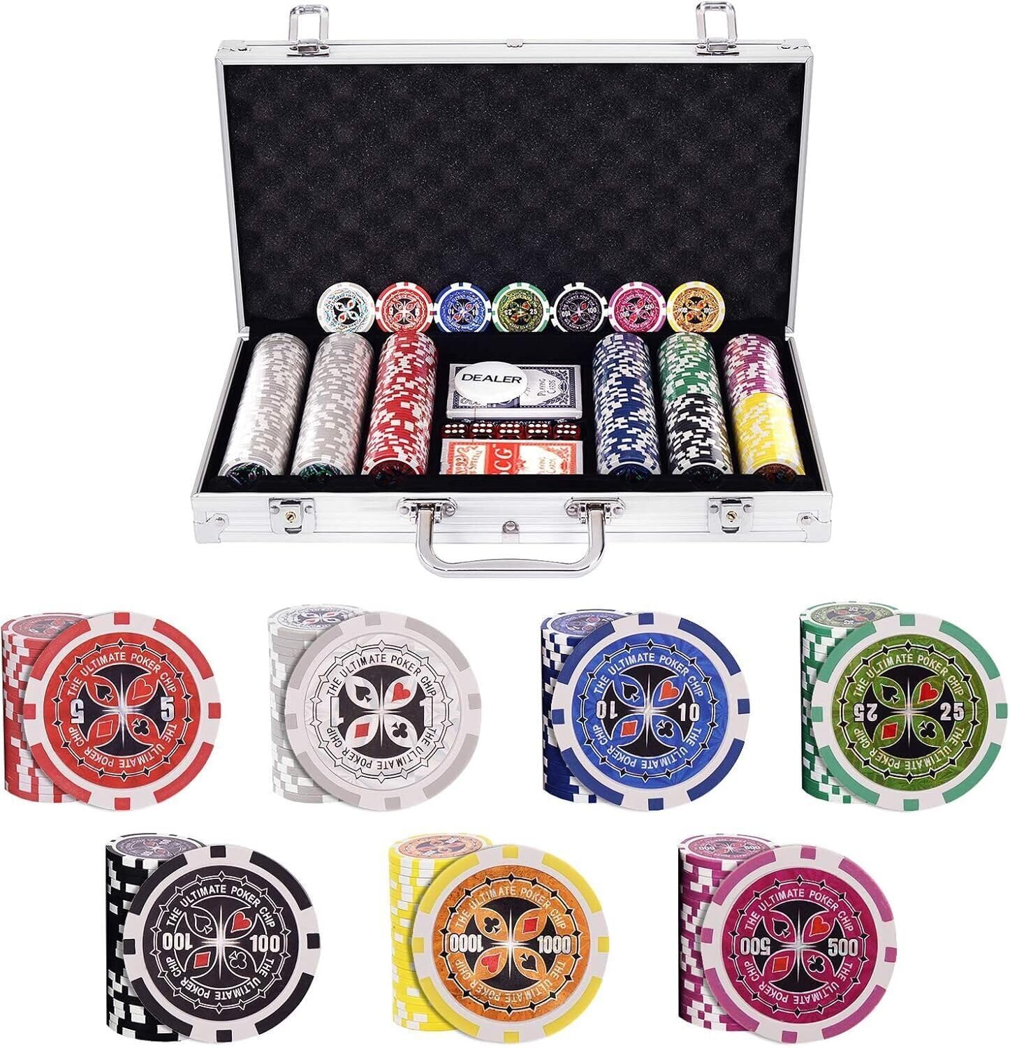 HOMASIS Zestaw do pokera z 300 żetonami laserowymi, walizka pokerowa z 2 taliami na karty, 5 kostkami, 1 guzikiem, zamykana walizka do pokera z aluminium, zestaw kart pokerowych na imprezy