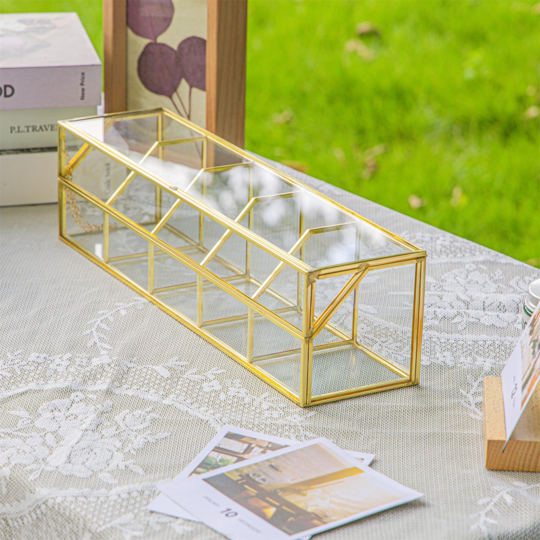 NCYP Organiseur de sachets de thé en verre avec 5 compartiments, comptoir d'intérieur en laiton avec couvercle, boîte de rangement, décoration, faite à la main (boîte en verre uniquement)