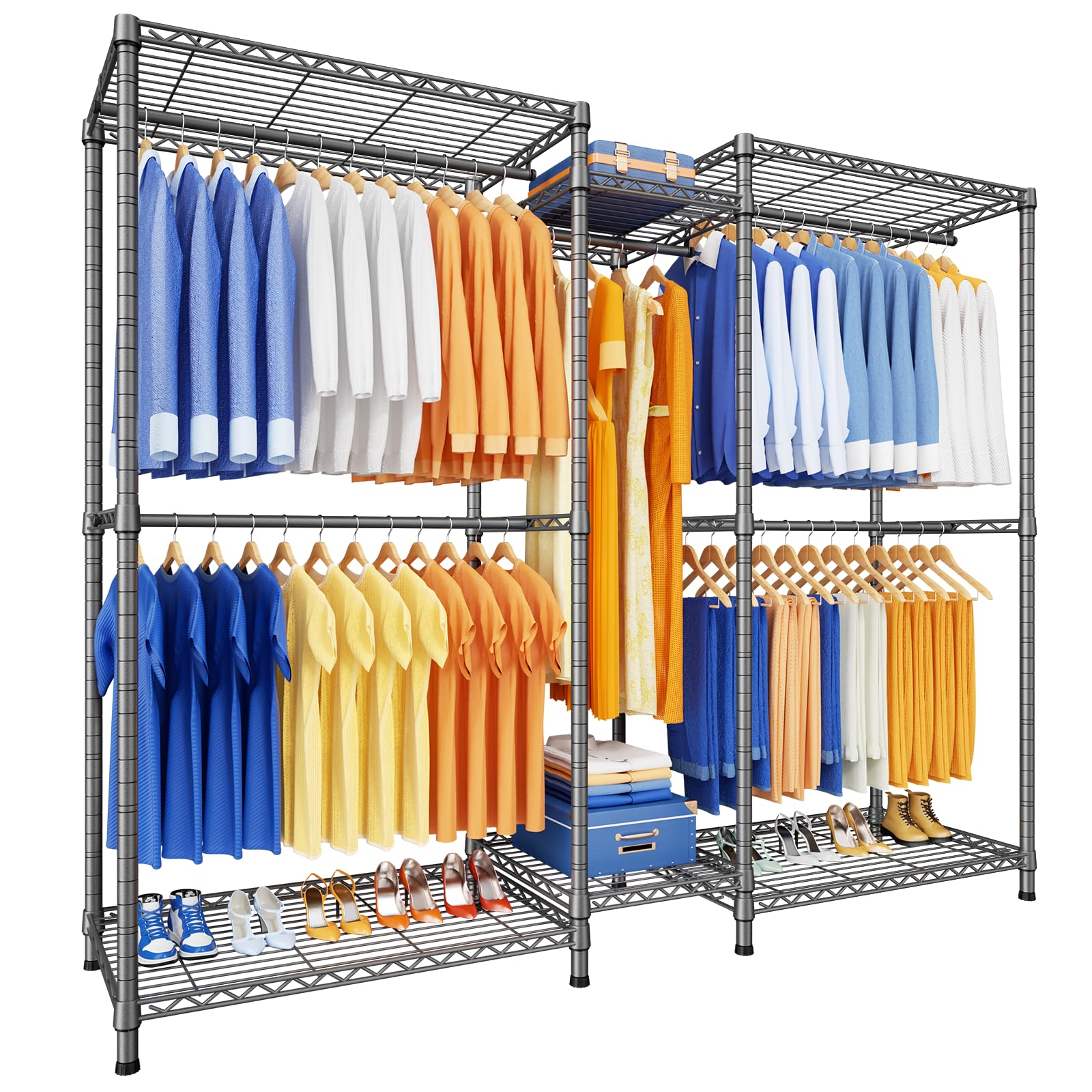 ulif e12 clothes rack?heavy duty freestanding garment rack with shelves?metal clothing closet storage system for hanging clothes?71" w x 16" d x 76.5" h, hold 960 lbs?grey