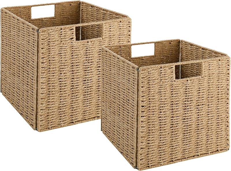 Vagusicc Wicker Storage Basket, Set of 2 Hand-Woven Storage Baskets for Shelves with Handles Foldable Cube Storage Baskets Bins, 9 inch Wicker Baskets for Pantry Bedroom Organizer &Decor, Natural