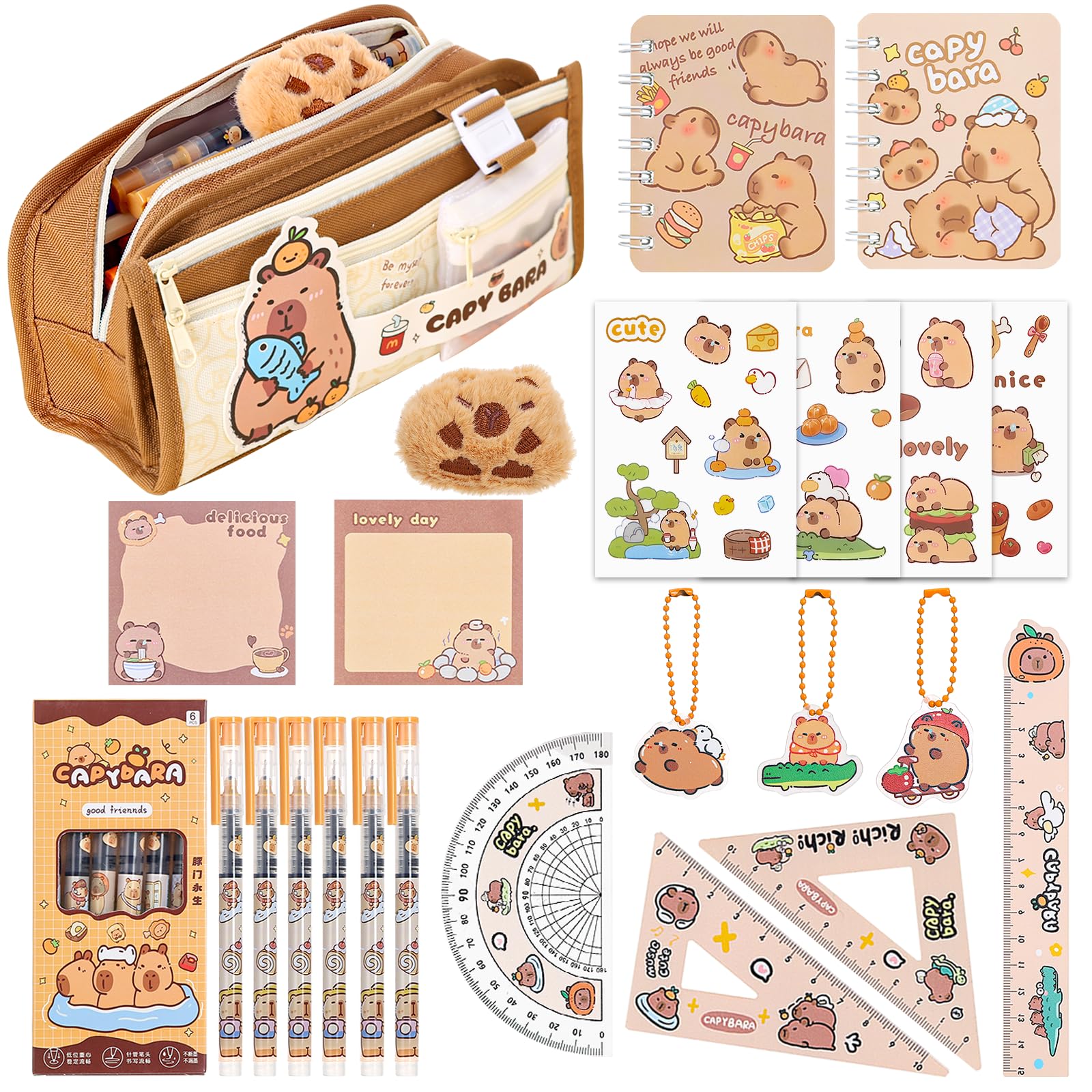 Kawaii Capybara Pencil Case, 23 PCS, Gifts Capybara Stationery Set for Girls Boys, Cute Stationary Include Kawaii Pencil Case, Black Pens, Rulers, Notebooks, Keychains, Stickers, Brooch, Sticky Notes