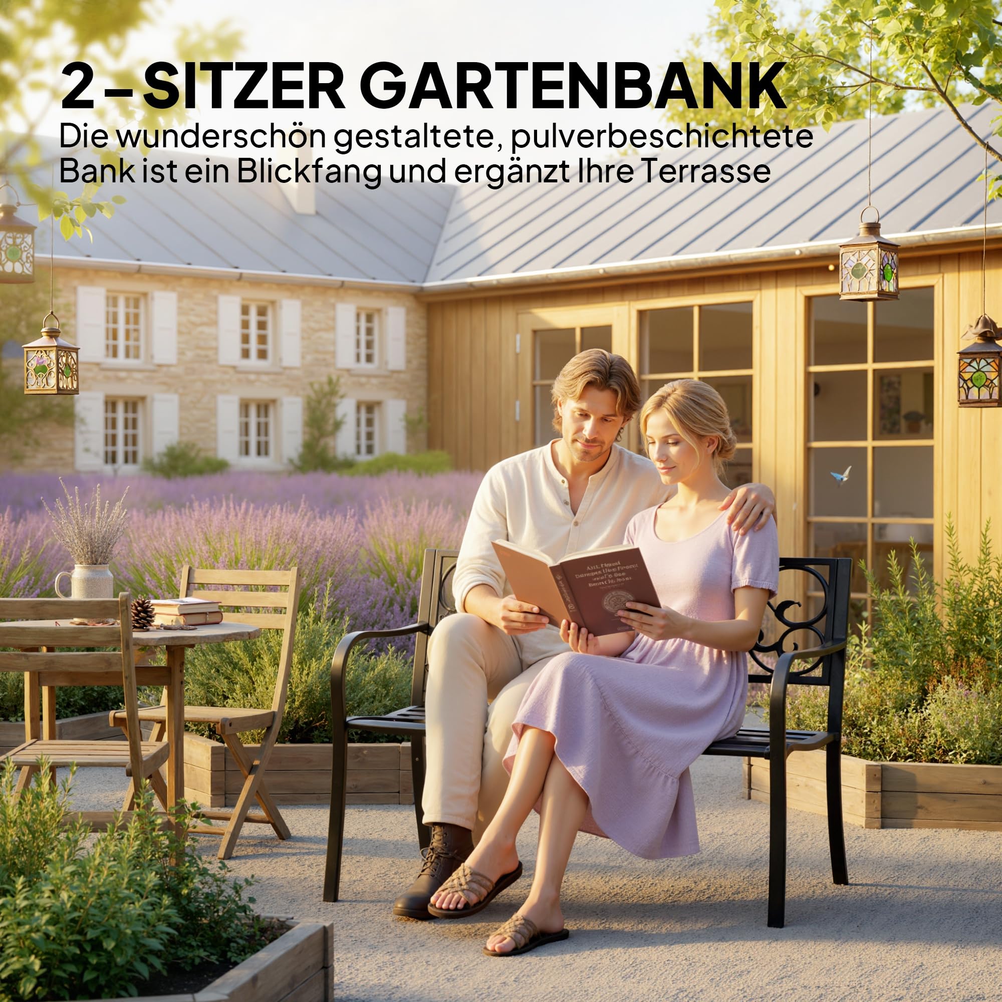 Outsunny 2-Sitzer Gartenbank mit ausziehbarem Tisch 150x58,5x90 cm Schwarz | Parkbank, Sitzbank 240kg Belastbar, Rücken- & Armlehnen, Terrassenbank, Gartenmöbel, für Terrasse, Garten