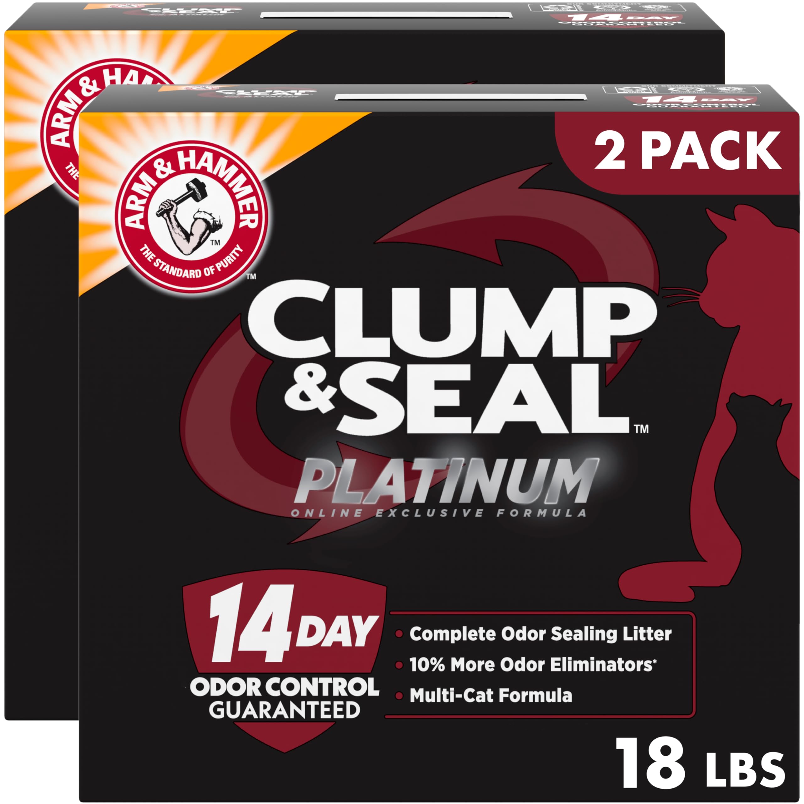 ARM &amp; Hammer Clump &amp; Seal Platinum Cat Litter, Multi-Cat Clumping Litter Forms Rock-Hard Clumps, Powerful Odor Eliminators with Baking Soda, 14-Day Odor Control, 18 lbs (Pack of 2)