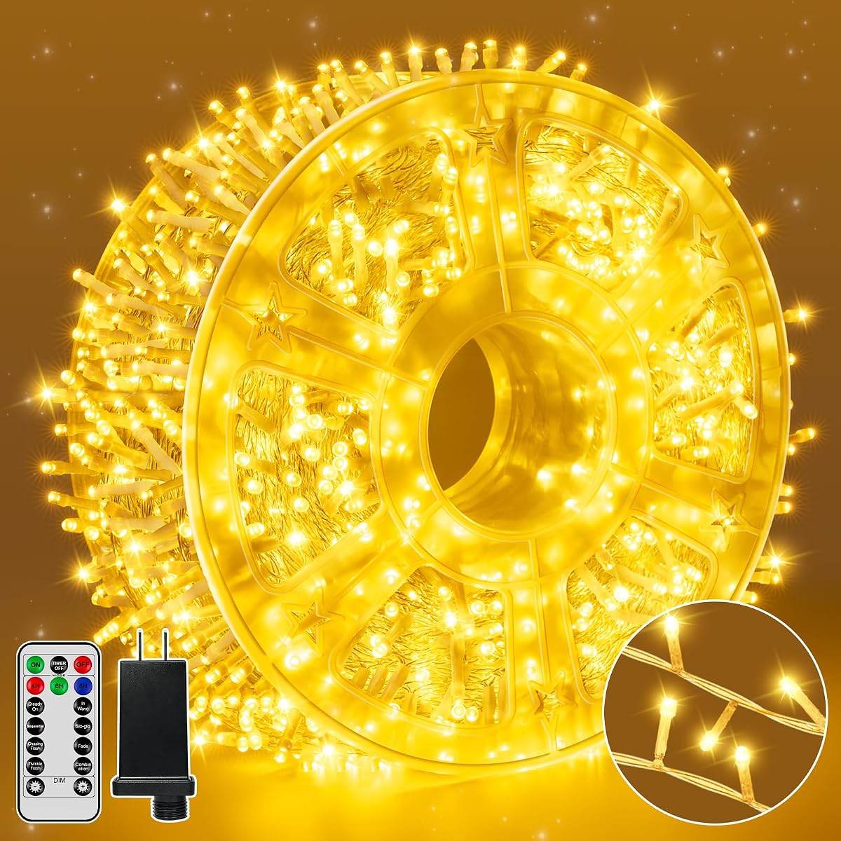 Guhope Cadena de luces navideñas 1200 LED 196 pies, 8 modos de luces de hadas regulables con control remoto y temporizador, luces navideñas cálidas impermeables para interiores y exteriores, dormitorio, boda, fiesta, decoración navideña (blanco cálido)