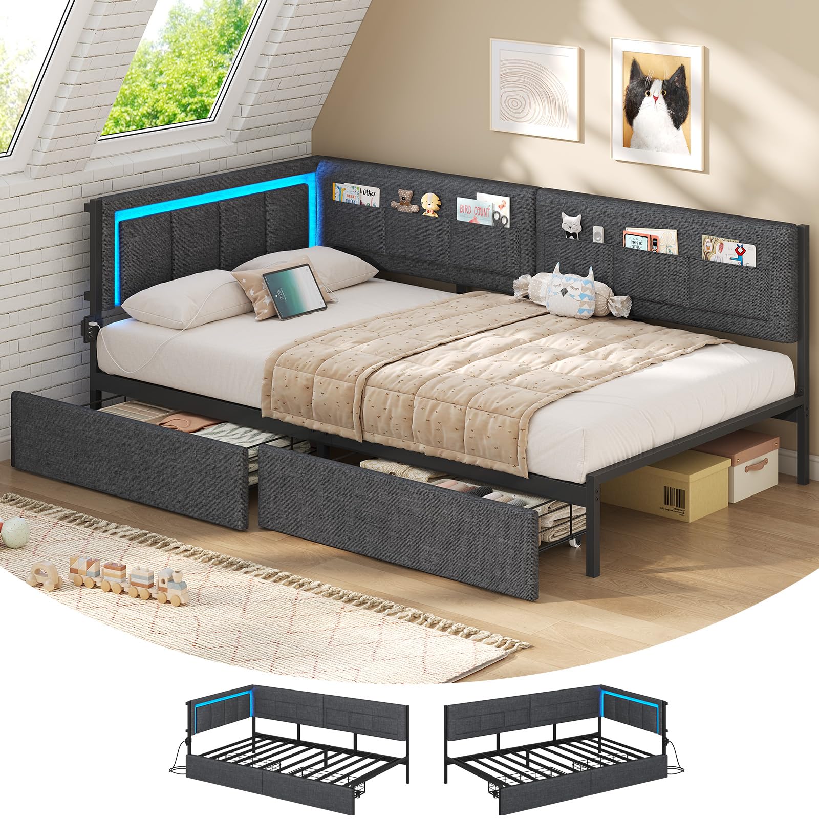 KIMENICH Polsterbett Schlafsofa 90x200 mit LED-Beleuchtung, 6 Stoffbeutel, Ladestation, Tagesbett, Jugendbett mit 2 Schubladen und Lattenrost aus Metall, Gepolstertes Kopfteil, Grau