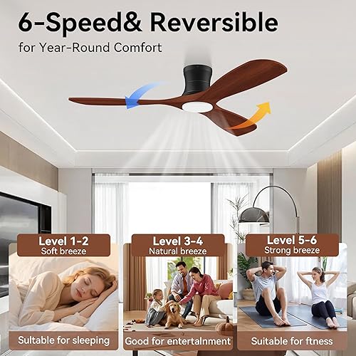 Miniatura 3 de Ventiladores de techo inteligentes de perfil bajo de 52 pulgadas con luces remotas, 3 aspas de madera, motor de CC silencioso, ventilador de techo