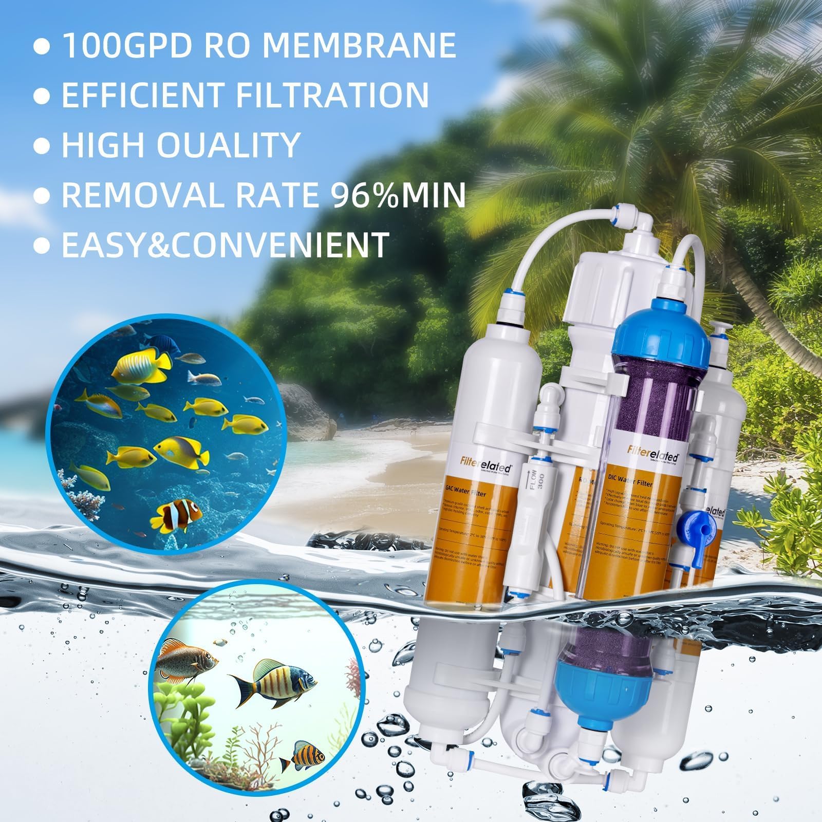 Sistema de ósmosis inversa de acuario de 4 etapas con válvula de descarga portátil RO+DI de filtración de agua desionizada, filtro DI que cambia de color, 100 GPD-TDS cerca de 0 ppm