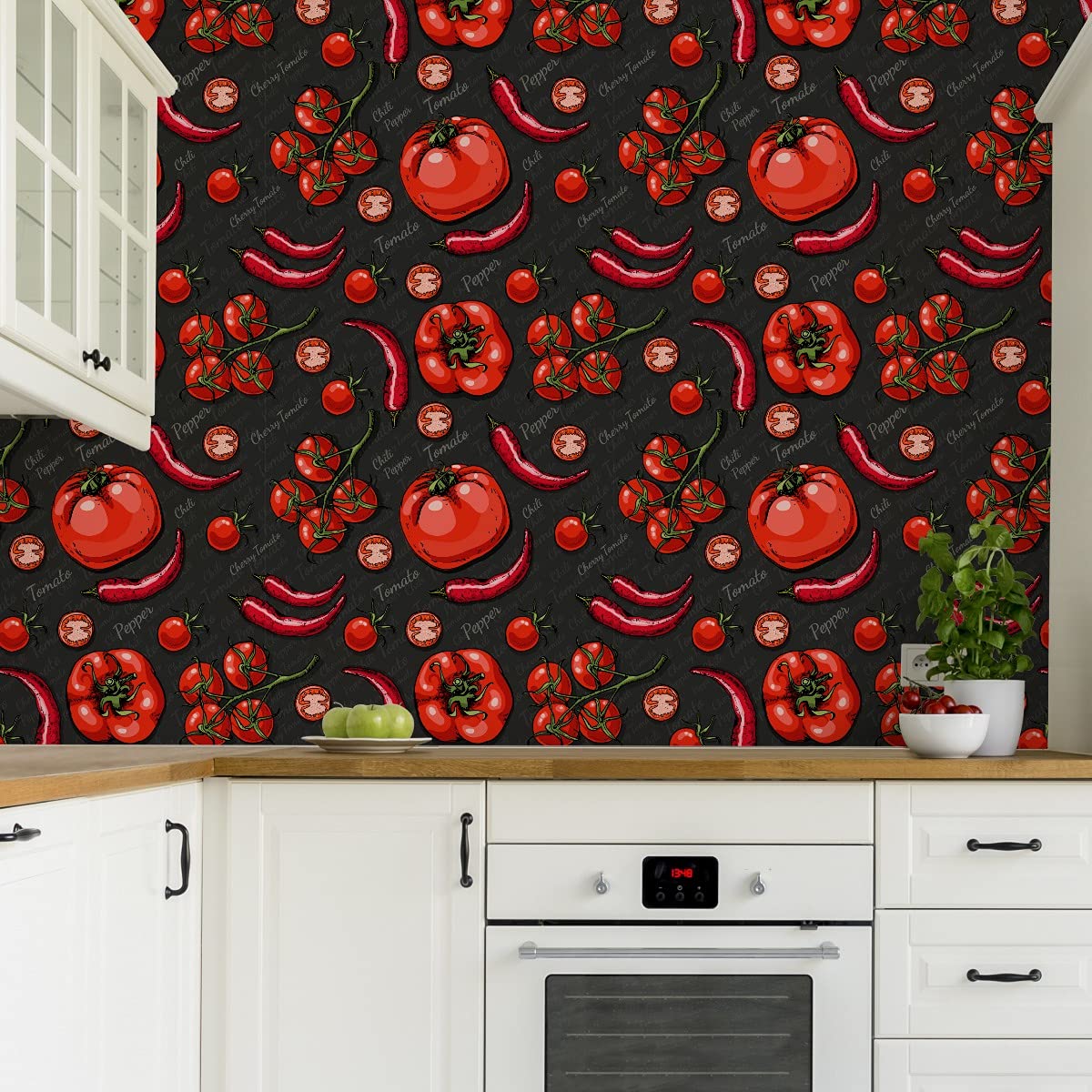 Muralo Tapeta 10 m, rolka flizeliny, jedzenie, warzywa, papryka, pomidory, napisy, tapeta z włókniny, 1000 x 53 cm, tapeta ścienna, do salonu, sypialni, nowoczesna dekoracja ścienna