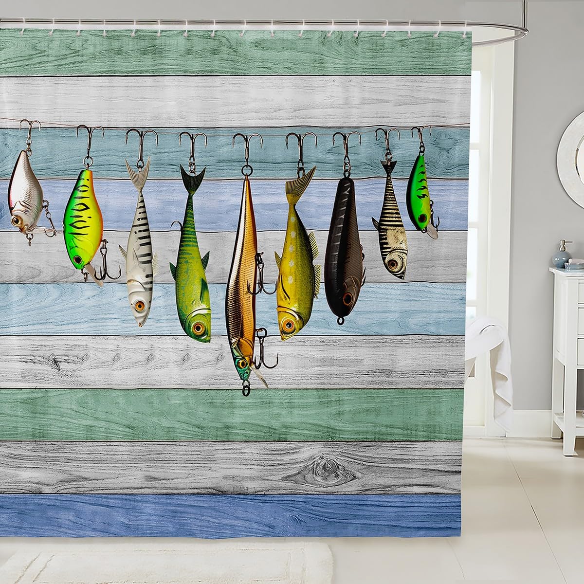 Erosebridal Colorful Fish Bathroom Shower Curtain Sets, Fish Hook Fishing Shower Curtain for Kids Boys Girls Teens, Rustic Farmhouse Waterproof Fabric