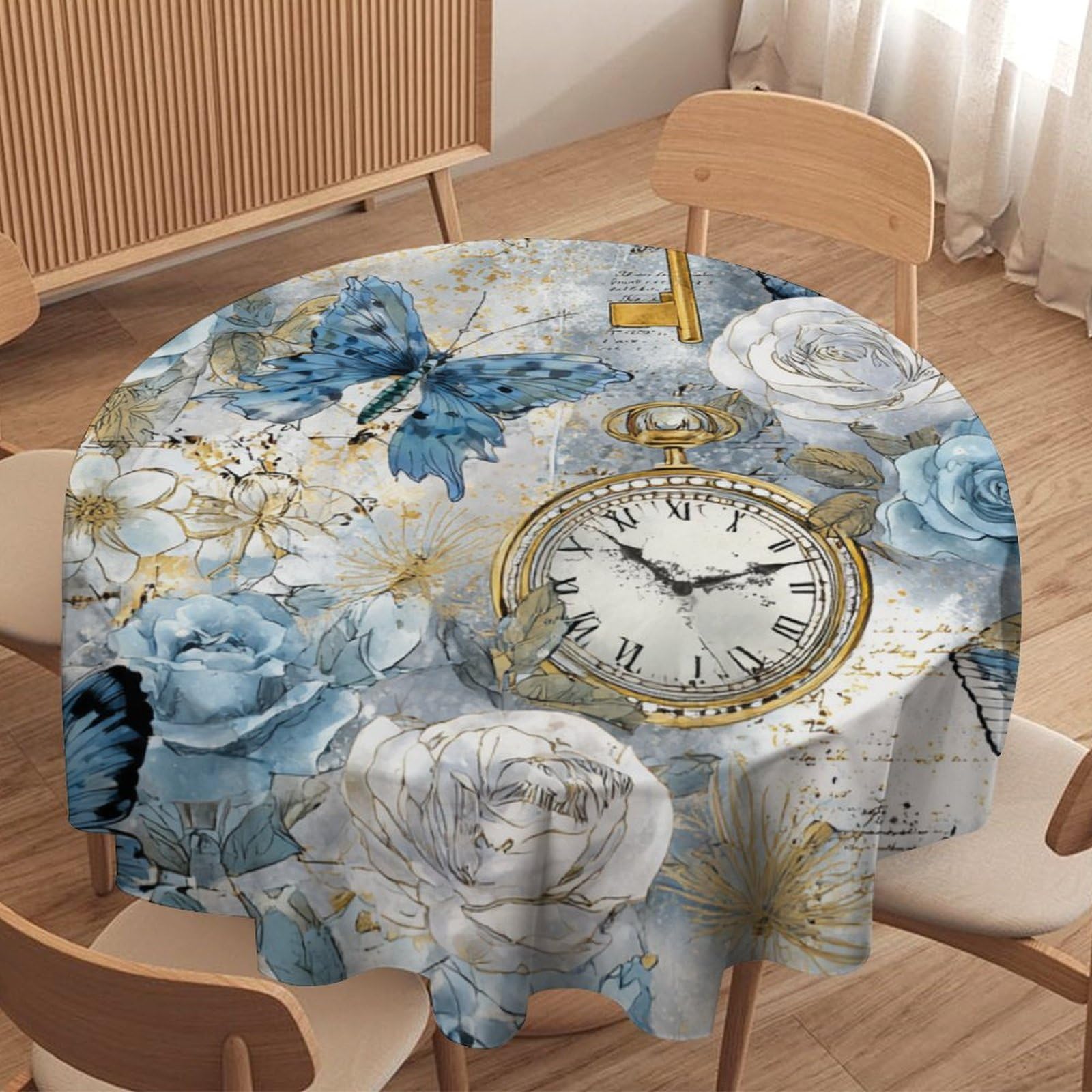 Luyysky Fantasy Watercolor Butterfly Waterproof Round Tablecloth Romantic Realistic Animal Butterflies White Roses Floral Clocks Washable Table Cover For Kitchen-91.4" Wx91.4 L Cm