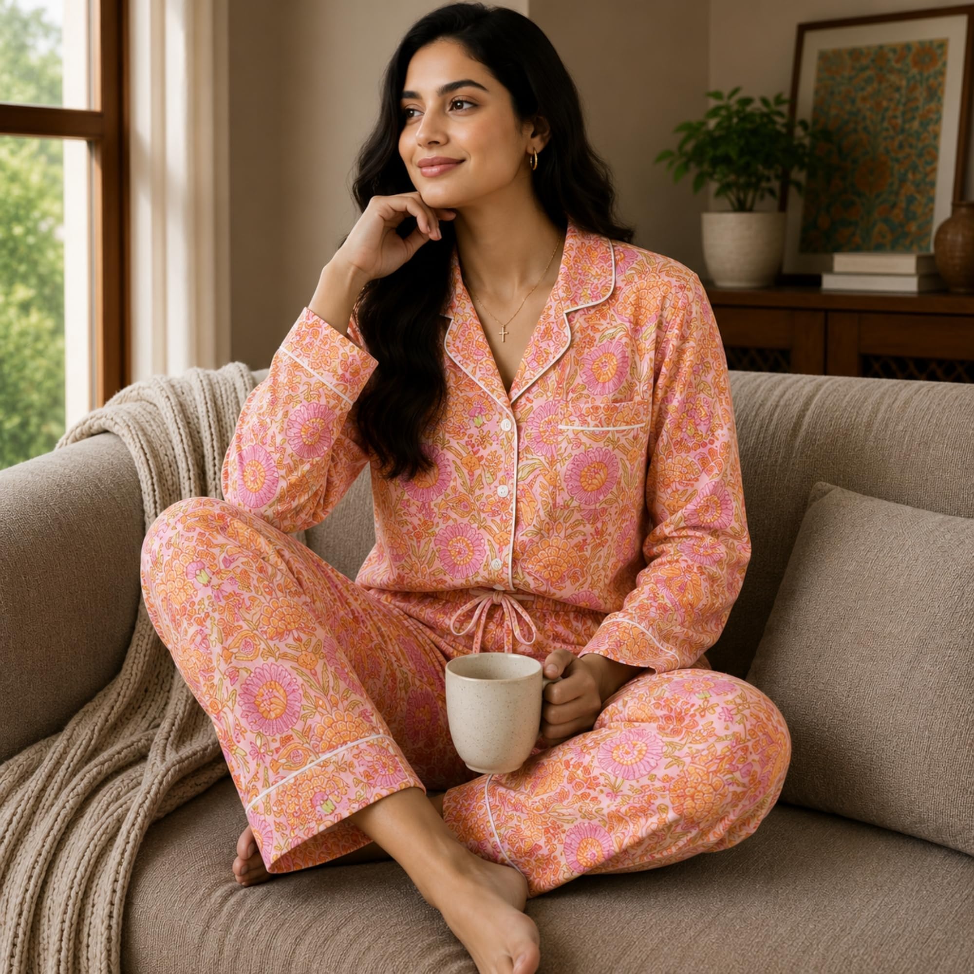 Huar Conjunto de pijama de algodón para mujer, conjunto de pijama de algodón de lujo para mujer, cómodo conjunto de pijama, transpirable y ligero