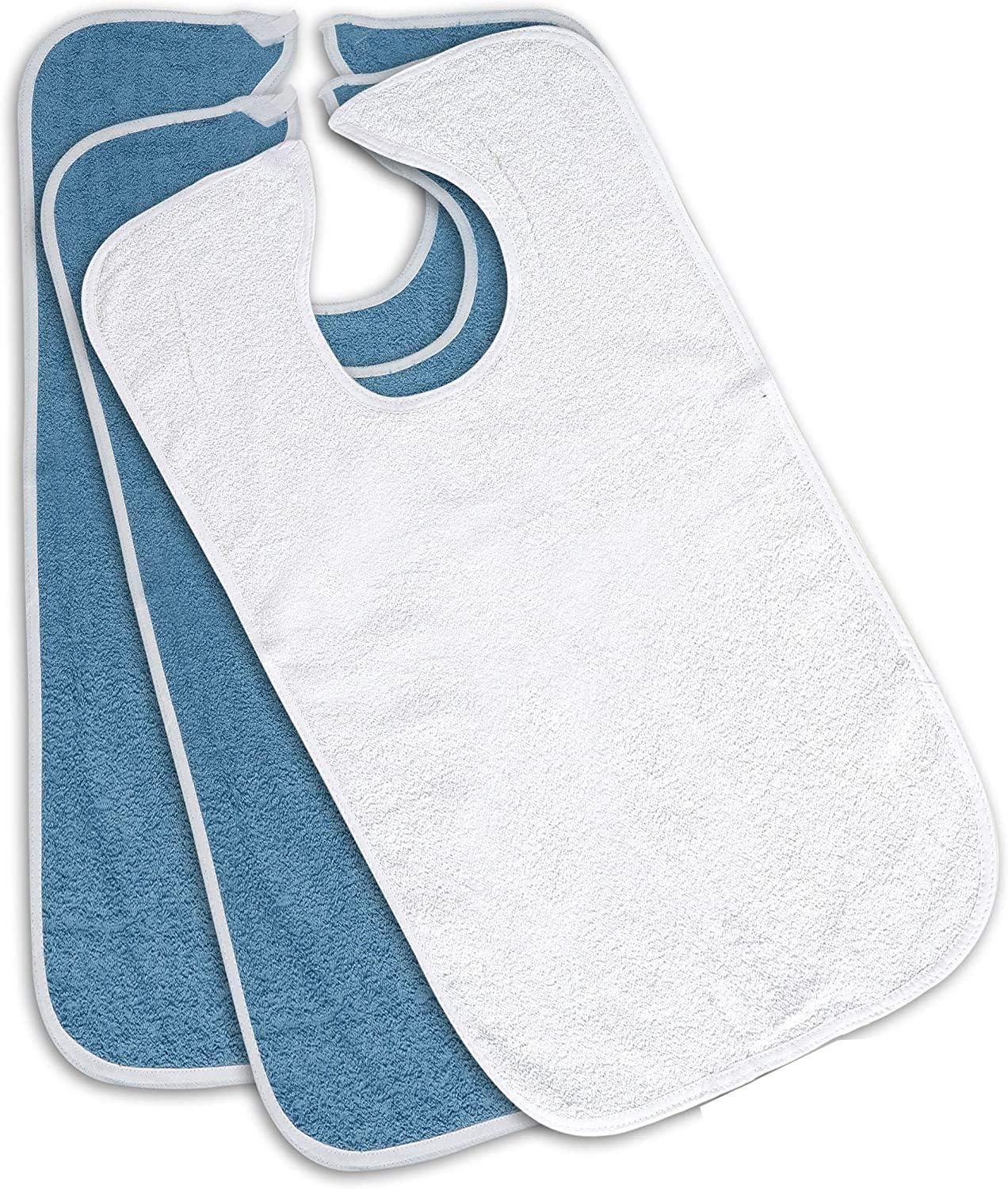 6 Pack - Terry Cloth Adult Bibs / Senior Meal Time Clothing Protector w/Hook and Loop Closure 3 Blue and 3 White Bibs