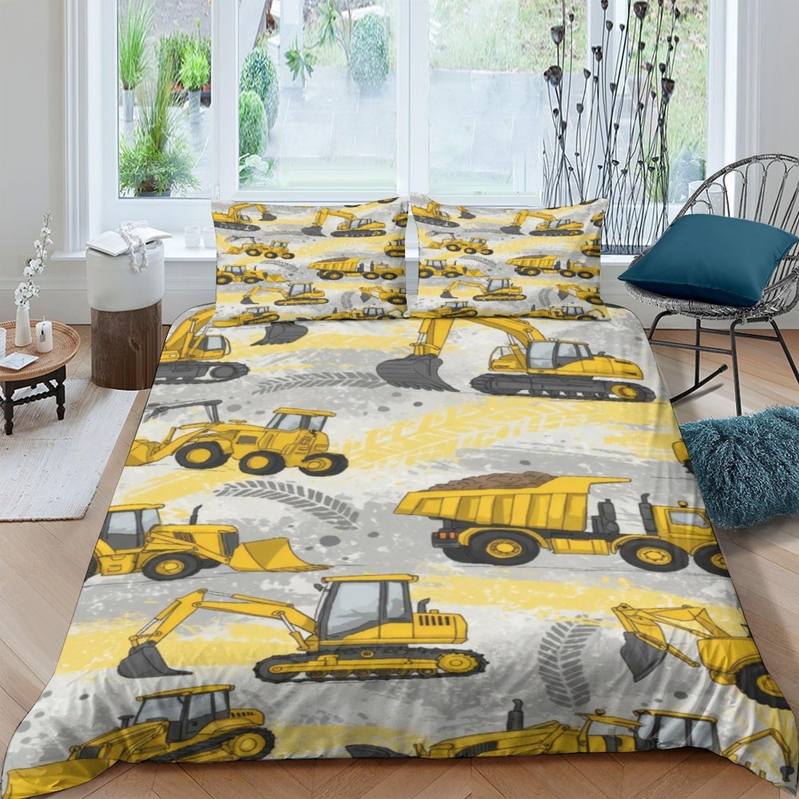 Ctjqhvkz Style-3 3D Printed Construction Vehicle Fitted Sheet Microfiber Yellow Excavator Bed Sheet For Bedroom Dorm Decor Protection Single（135X200cm）