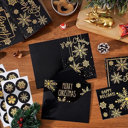 Miniatura 6 de Whaline Paquete de 32 tarjetas de felicitación de Navidad con copos de nieve y oro negro con sobres tarjetas de notas en blanco de invierno para