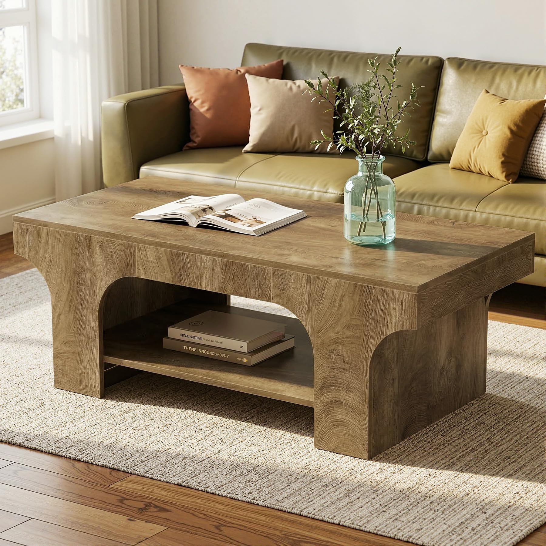 Tribesigns Couchtisch 120cm, 2-Ebenen Rechteckig Wohnzimmertisch, Modern Farmhouse Kaffee Tisch mit Stauraum, Holz Akzent Tisch für Schlafzimmer, Home Office, Wohnbereich, Braun
