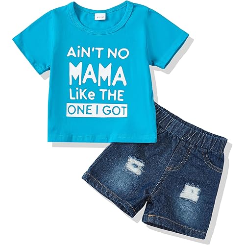 NZRVAWS Baby Boy Clothes Toddler Boy Outfit 2 3 4T 6 12 18 24 Months Spring Summer Letter Printed T Shirt Shorts Ripped Jean
