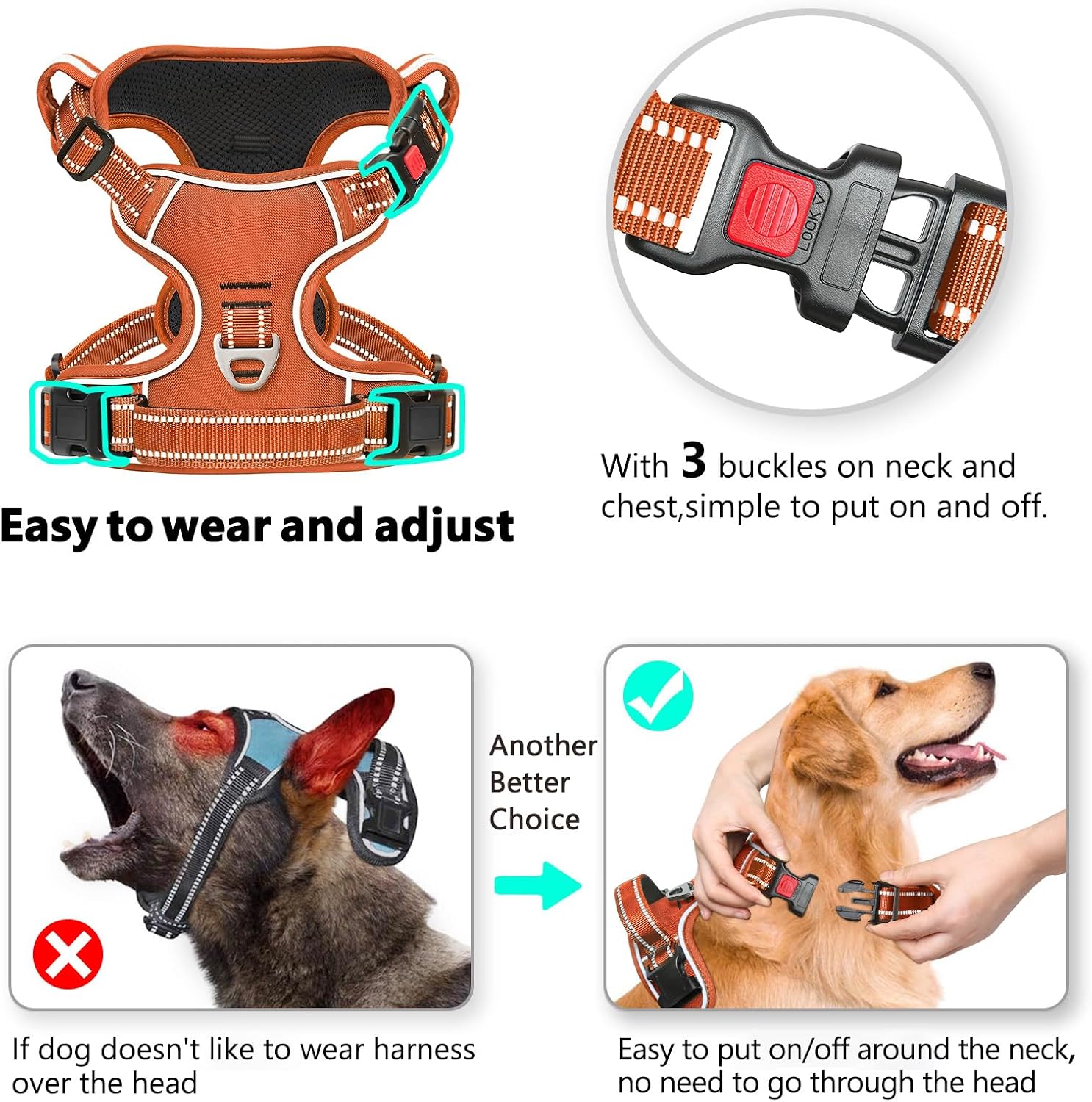HEELE Dog Harness, Chest Harness for Dogs, Running Harnesses Dog with Lockable Snap Closure, Adjustable Reflective Dog Harnesses, Anti Pull, Open on the Neck, Pumpkin Orange, L | Brustgeschirre für Hunde Anti Zug, Ohne Kopfdurchzug, Halsverschluss mit Sicherung, D-Ringe, Weich Gepolstert Reflektierend L - chest: 43 - 86 inches Castle Pumpkin Orange
