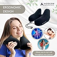 Vista 2 de Modern Advantage Almohada inflable de viaje para aviones con capucha cómoda, soporte ajustable para el cuello, almohada ligera y compacta para Negro