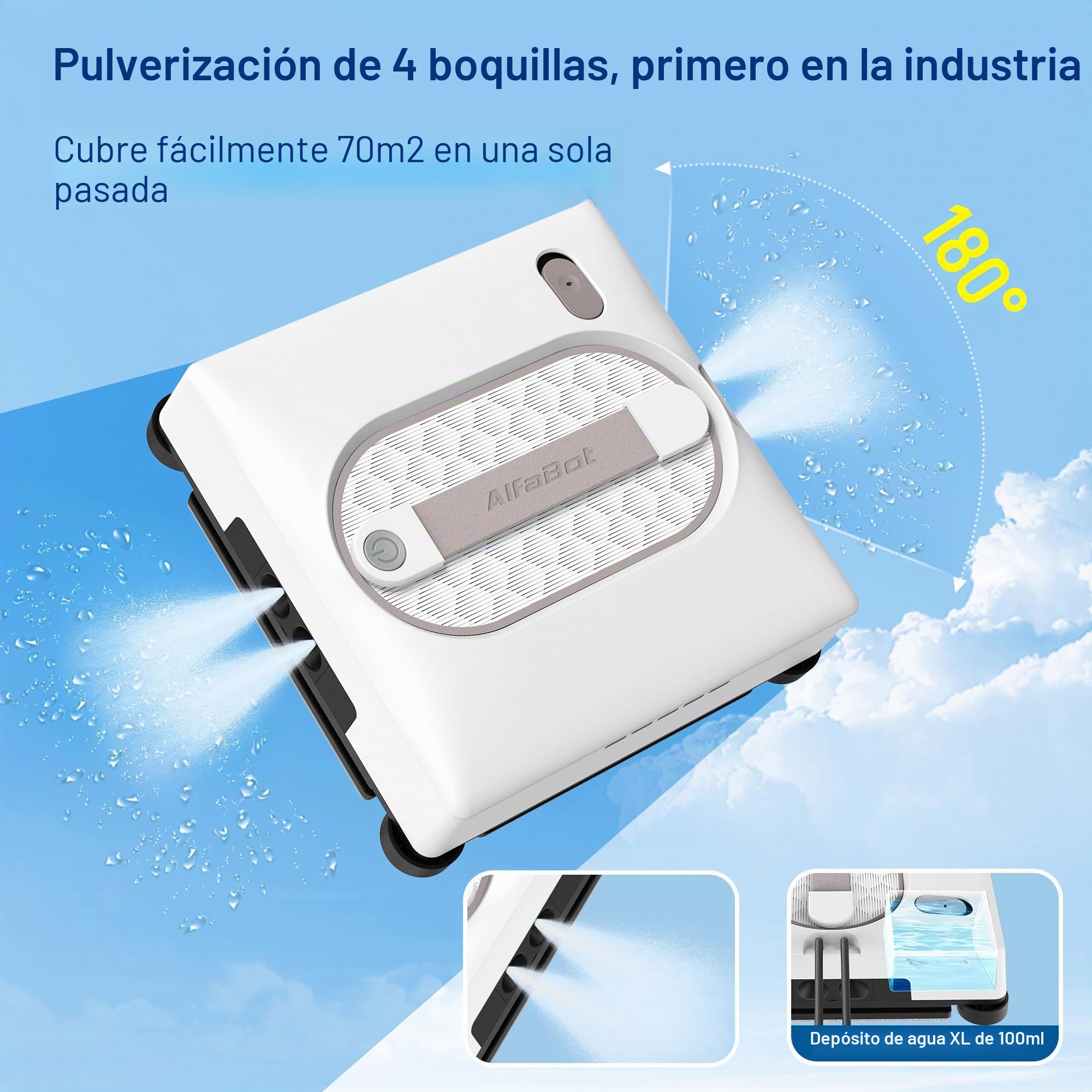 AlfaBot GLS480 Robot Limpiacristales, Robot de Limpieza de Ventanas 5000 Pa, Limpiador Automático deVentanas con 4 Boquillas de Pulverización, 5 Modos de Limpieza