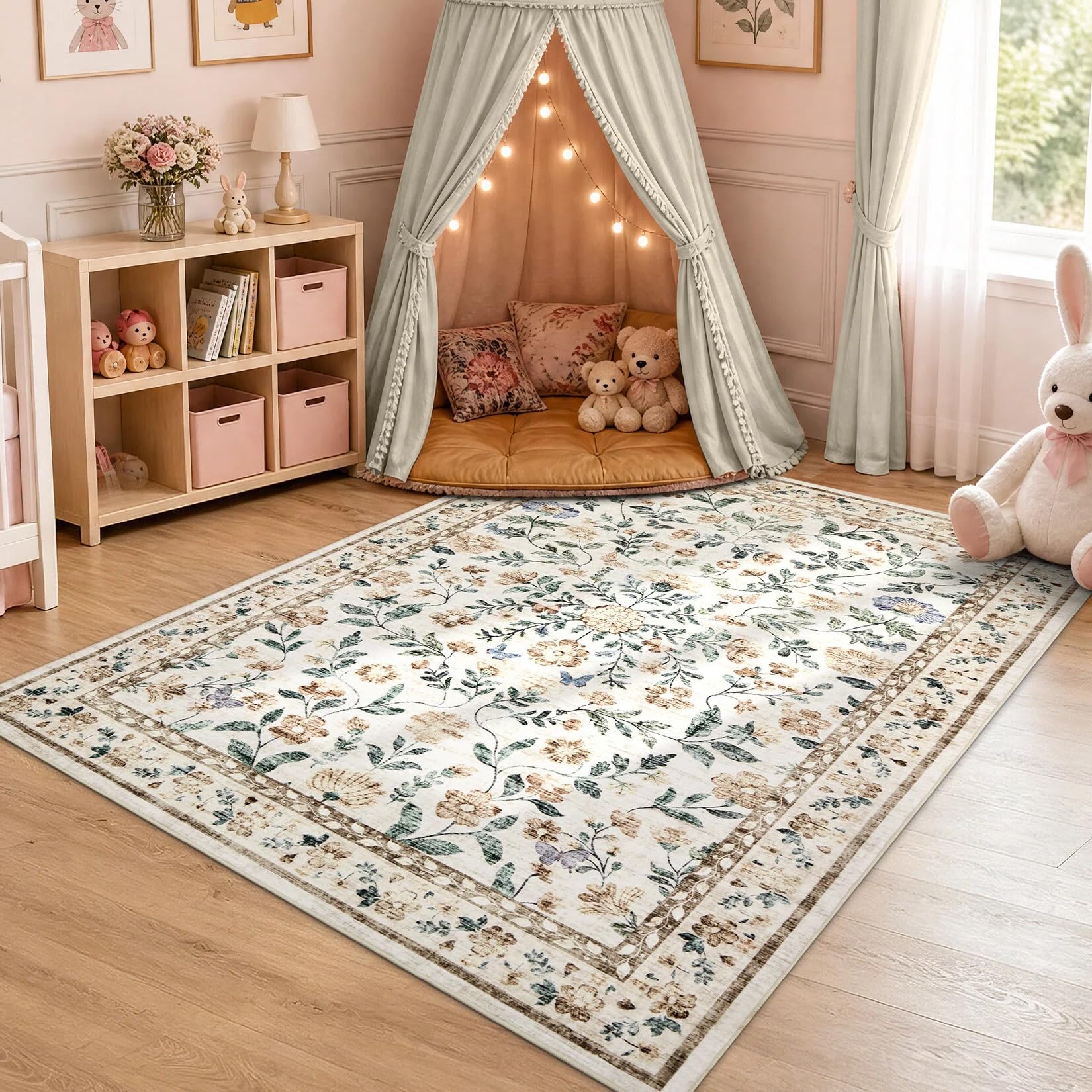 CAROMIO Washable Flower Area Rug 80x150 cm Low Pile Non-Slip Nursery Beige