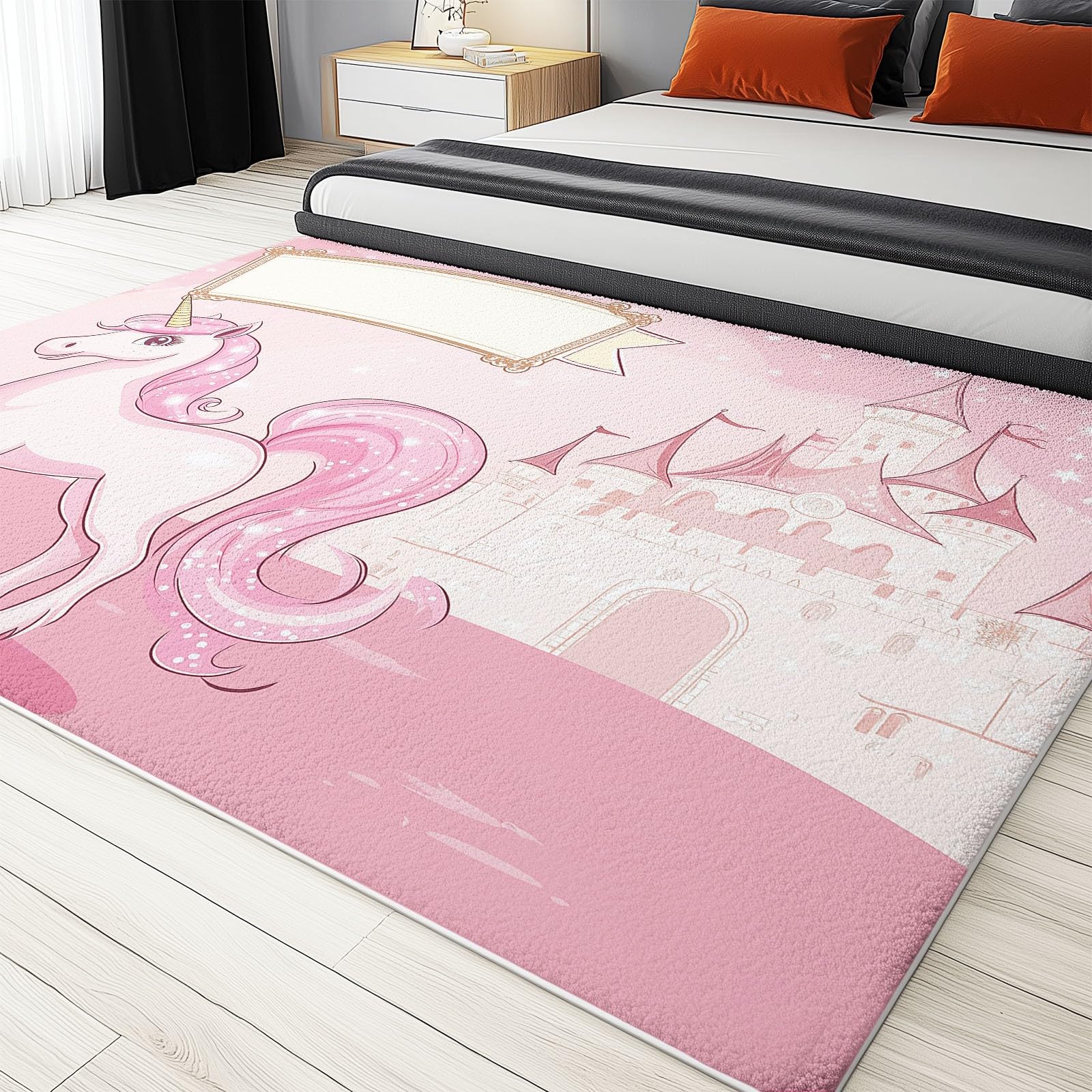 Generisch Teppich Cartoon Schloss Einhorn rutschfest Waschbar Teppich,90 x 150 cm Druck Teppich für Dekoration Schlafzimmer Kinderzimmer Wohnzimmer Kurzflor Rosa Teppich
