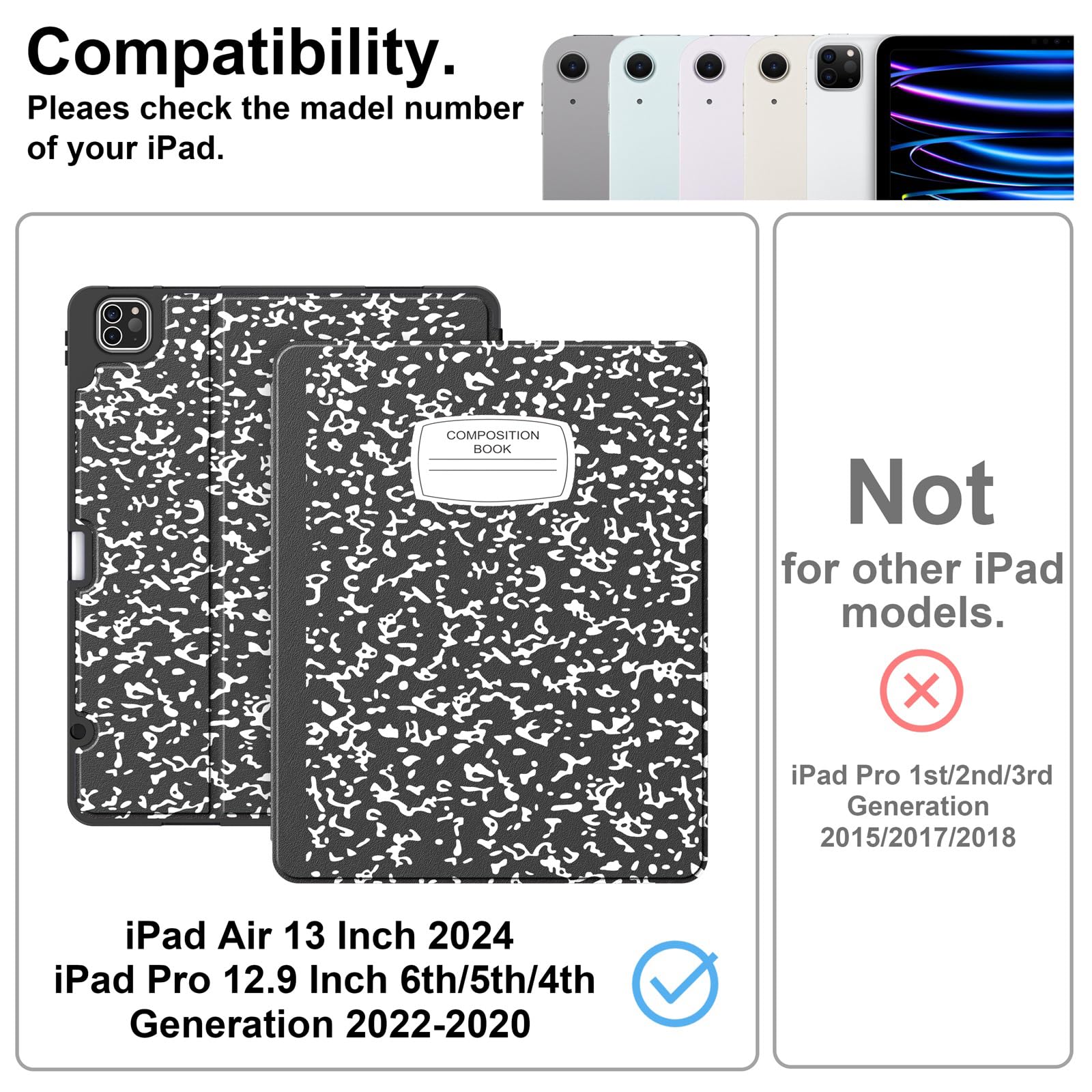 Supveco Etui na iPada Air 33.0 cm 2024/iPad Pro 12,9 cala 2020-2022 z uchwytem na ołówki [automatyczne budzenie/uśpienie], wysokiej jakości etui folio z miękką tylną obudową TPU do iPada Pro 6., 5.,