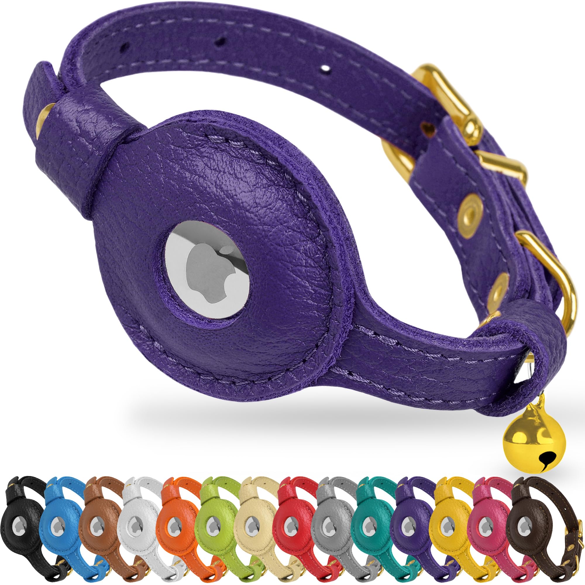 OOPSDOGGY Cat Collar with Bell for AirTag, Non Breakaway Leather Kitten Collar with Apple Air Tag Holder