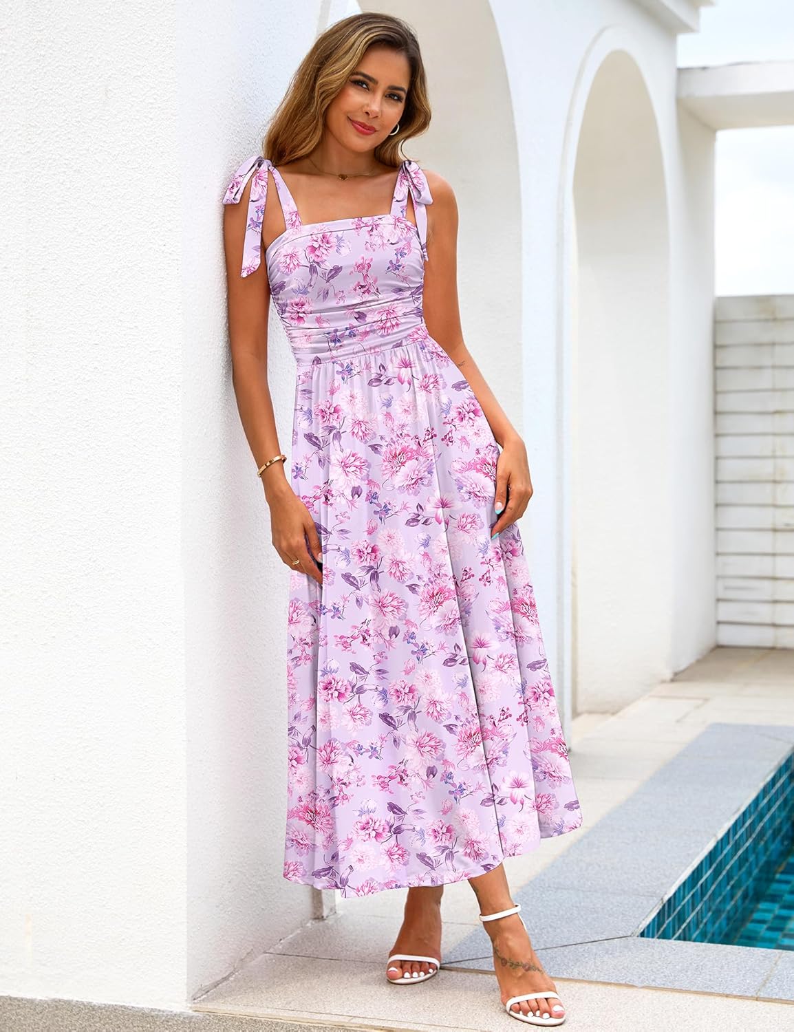 Zattcas Womens 2026 Summer Spaghetti Strap Floral Maxi Dress with Pockets Smocked Flowy Long Beach Vacation Sundresses