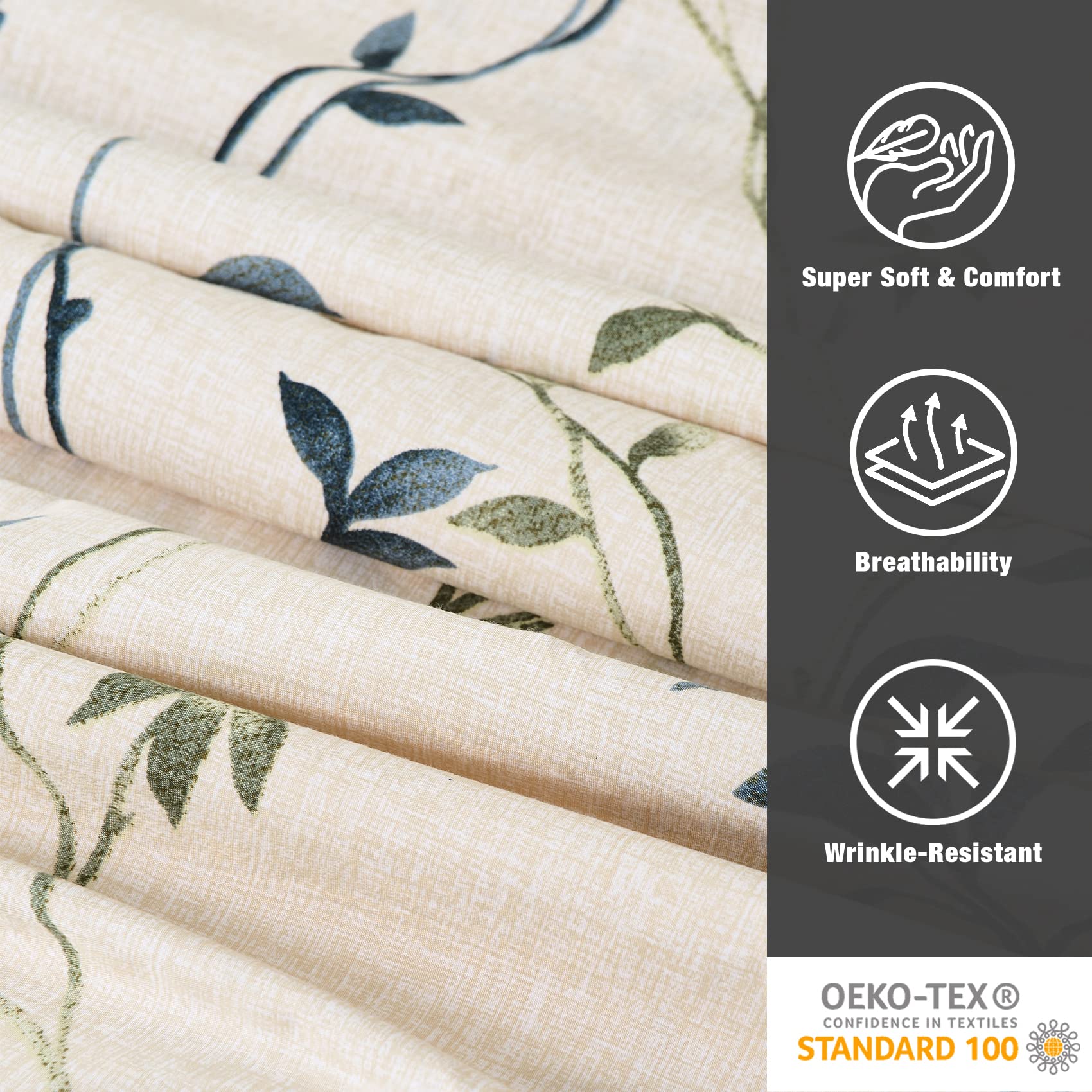 Juego de sábanas de 6 piezas con estampado de hojas beige, tamaño King, sábanas de microfibra con patrón botánico suave, bolsillo extra profundo 6
