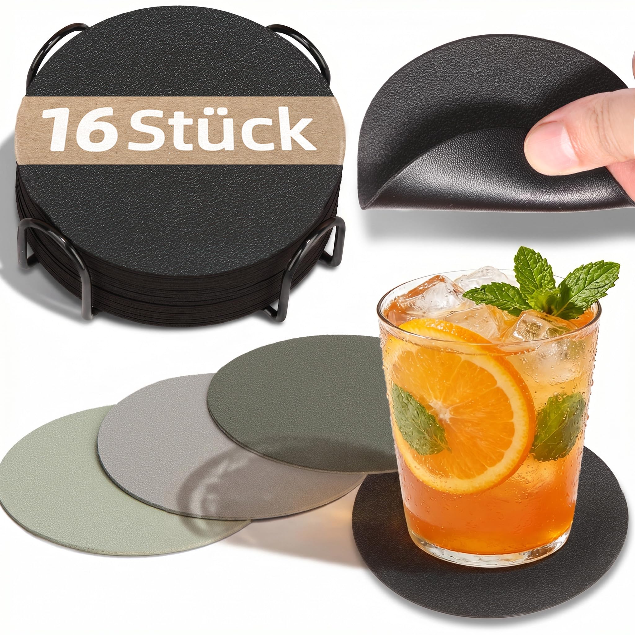 HELI MIAO 16 Stück Untersetzer Gläser, Doppelseitige Glasuntersetzer aus Kunstleder – Rund, rutschfest & hitzebeständig – Inkl. Aufbewahrungsständer (10cm, Schwarz) – Für Tisch, Bar, Outdoor